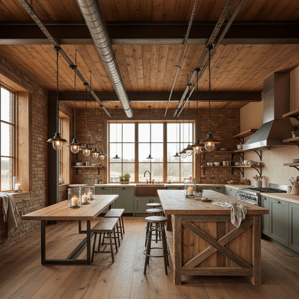 Create a Modern Rustic Open Integrated Kitchen with reclaimed wood accents, exposed brick walls, and metal beams, where warm golden lighting from pendant lamps and soft candlelight ambiance illuminates the space. Incorporate a large farmhouse-style island with a butcher block countertop, rustic metal stools, and a statement kitchen island with a wood top and metal legs. Exposed ductwork and metal accents add industrial touch, while earthy tones of sage green, sandy beige, and weathered wood create a cozy and organic atmosphere. - Modern Rustic Integrated Kitchen designed with AI by Interiores AI