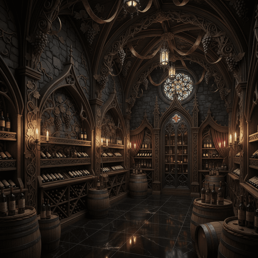 Design a Gothic-inspired Wine Cellar with dark, rich hues and ornate details. The space features exposed stone walls, rough-hewn wooden beams, and intricate carvings of vines and grapes. Dark wood accents, such as espresso-stained oak and walnut, dominate the space, complemented by crimson and burgundy tones. Soft, warm lighting is provided by candelabras and lanterns, casting flickering shadows on the walls. A vaulted ceiling with ribbed arches and ribbons of gold leaf adds to the dramatic ambiance. The floor is made of polished black marble, and wine barrels and ornate wine racks are arranged throughout the space, filled with rows of dusty, leather-bound wine bottles. A grand, carved wooden wine cabinet stands at the far end, adorned with a Gothic-style glass front and a heavy, iron door. - Gothic Wine Cellar designed with AI by Interiores AI