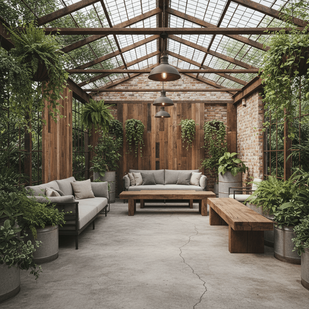 Design a Covered Outdoor Gallery in Soft Industrial style, situated in a lush green setting. The space features a mix of reclaimed wood, metal accents, and industrial materials. The floor is covered with a weathered concrete, and the walls are clad with a combination of exposed brick and reclaimed wood panels. A single story high glass ceiling allows natural light to pour in, while the roof is partially covered with a rustic metal latticework. The space is illuminated by pendant lamps made from metal shades and Edison bulbs, suspended from the ceiling. Comfortable, oversized industrial-style furniture, such as reclaimed wood benches and metal-framed sofas, are arranged throughout the gallery, inviting visitors to linger and take in the surroundings. The color palette is a soothing blend of soft grays, whites, and earthy tones, accented with pops of rich wood tones and industrial metal colors. - Soft Industrial Gallery designed with AI by Interiores AI