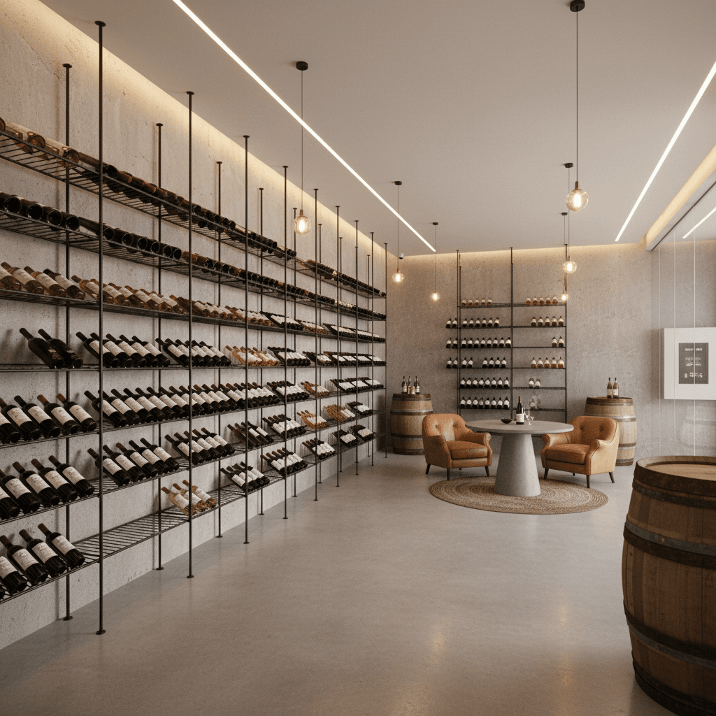 Design a Wine Cellar with a Simple aesthetic, featuring exposed concrete walls, polished concrete floors, and a minimalist steel shelving system. The space is illuminated by warm, soft lighting, with pendant lamps suspended from the ceiling in a subtle, industrial-chic manner. Walls are painted a crisp, neutral white, and the room is climate-controlled to maintain optimal wine storage conditions. A few select pieces of antique, wooden wine barrels are placed strategically throughout the space to add warmth and character, while a small, leather-upholstered wine tasting area provides a cozy spot for sipping and savoring. - Simple Wine Cellar designed with AI by Interiores AI
