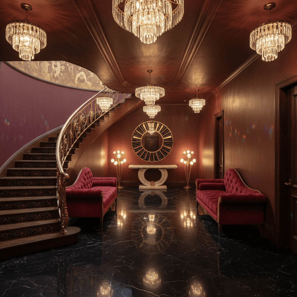 Imagine a majestic Hollywood Glam hallway, where old-school sophistication meets opulence. The space is approximately 15 feet wide and 20 feet long, with a soaring ceiling that disappears into the distance. Walls are painted a rich, dark crimson, while floors are made of polished black marble. A statement staircase, adorned with intricate gold leaf detailing, rises from the floor, flanked by two matching chaise lounges upholstered in plush, crimson velvet. Crystal chandeliers hang from the ceiling, casting a kaleidoscope of colors across the room. A console table, crafted from gleaming white onyx, stands at the entrance, adorned with a show-stopping, Art Deco-inspired mirror. The air is alive with the soft glow of table lamps, their metal bases shaped like art deco flowers, adding a touch of whimsy to the space. - Hollywood Glam Hallway designed with AI by Interiores AI