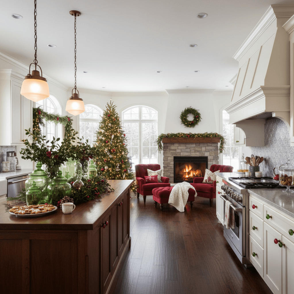 Design a festive Open Integrated Kitchen with a Christmas theme, featuring warm and inviting elements. The space is approximately 12 feet by 15 feet, with high ceilings and large windows. Walls are painted a crisp white, while the floors are made of warm, dark hardwood. The kitchen island is a rich, dark wood tone, adorned with green glass apothecary jars filled with festive holly sprigs and pinecones. The cabinetry is a soft, creamy white, with bold red and green glass knobs. The backsplash is a metallic silver, featuring a geometric pattern of snowflakes and holly leaves. Soft, warm lighting is provided by pendant lamps made of frosted glass and copper, suspended from the kitchen ceiling. A large, gas fireplace is positioned in a cozy nook, surrounded by plush, red velvet armchairs and a matching ottoman. The overall atmosphere is cozy, inviting, and festive, with a hint of winter wonderland magic. - Christmas Integrated Kitchen designed with AI by Interiores AI