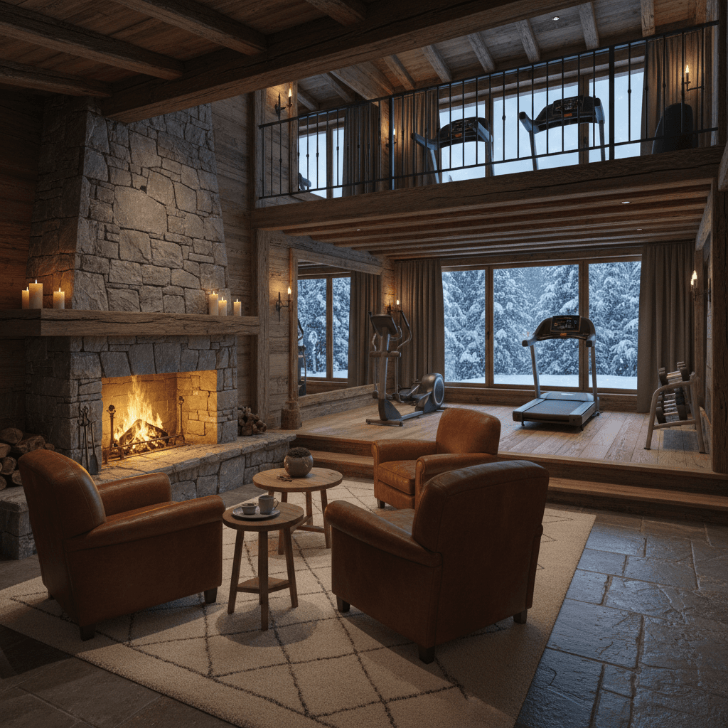 Design a Home Gym nestled within a cozy Snow Chalet, with rustic wooden accents and warm earthy tones. The space features exposed wooden beams, stone walls, and a majestic stone fireplace. Rich leather armchairs and plush area rugs in warm neutrals adorn the lower level, while sleek, modern equipment and mirrors line the upper level, overlooking a tranquil snow-covered forest. Soft, golden lighting and warm candlelight create an inviting ambiance, punctuated by the sound of crackling fire and gentle snowfall outside. The atmosphere is snug and welcoming, perfect for post-workout relaxation and rejuvenation. - Snow Chalet Home Gym designed with AI by Interiores AI