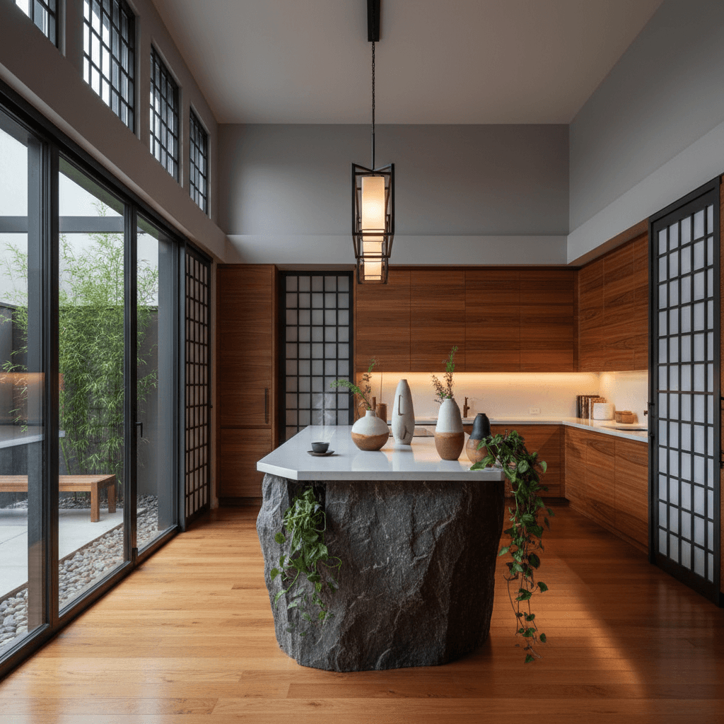 Design a serene Open Integrated Kitchen in Zen style, with a seamless flow of materials and colors. The space features a warm, honey-colored wooden floor, accented with dark gray shoji screens and sliding glass doors that lead to a tranquil outdoor seating area. Walls are painted a soothing soft gray, while cabinets are crafted from rich, figured wood, with a subtle warm glow from LED lighting that mimics the soft light of a sunset. A dramatic stone island serves as a focal point, surrounded by plush greenery and a few carefully placed, sculptural ceramic vases. A crisp white quartz countertop provides a clean contrast to the warm tones, and a minimalist, geometric pendant light hangs from the ceiling, casting a soft, diffused glow over the space. The atmosphere is one of calm contemplation, inviting the cook to be fully present in the moment. - Zen Integrated Kitchen designed with AI by Interiores AI