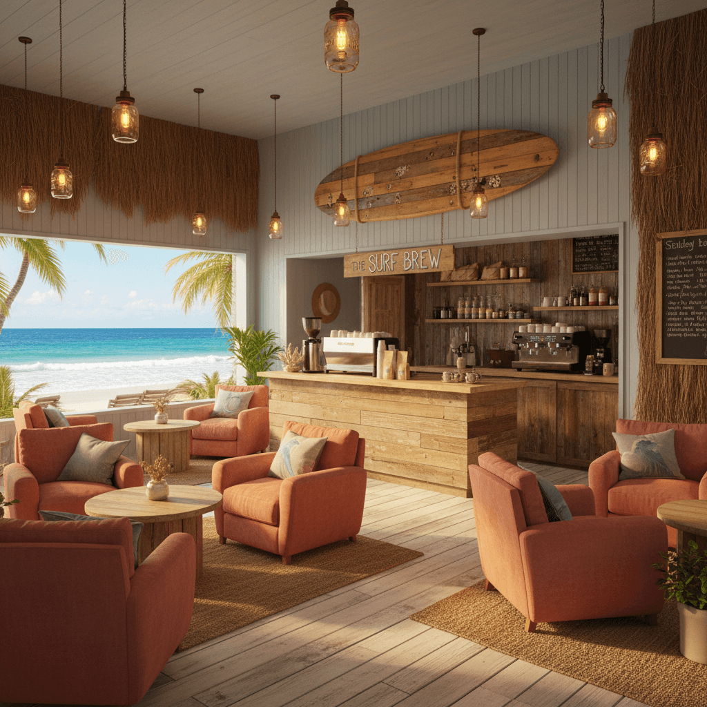 Design a cozy Coffee Shop with a Surf Shack vibe, reminiscent of a beachside retreat. The space features reclaimed wood accents, distressed finishes, and nautical elements. Walls are painted a soothing light blue, complemented by natural textures like woven sea grass and jute. Comfortable, plush sofas and armchairs in a faded coral hue are arranged around low tables, creating intimate conversation nooks. Warm, golden lighting comes from pendant lamps made from mason jars and Edison bulbs. A statement wall features a large, reclaimed wood surfboard, while a floor-to-ceiling window showcases a stunning ocean view, bringing the outdoors in. - Surf Shack Coffee Shop designed with AI by Interiores AI