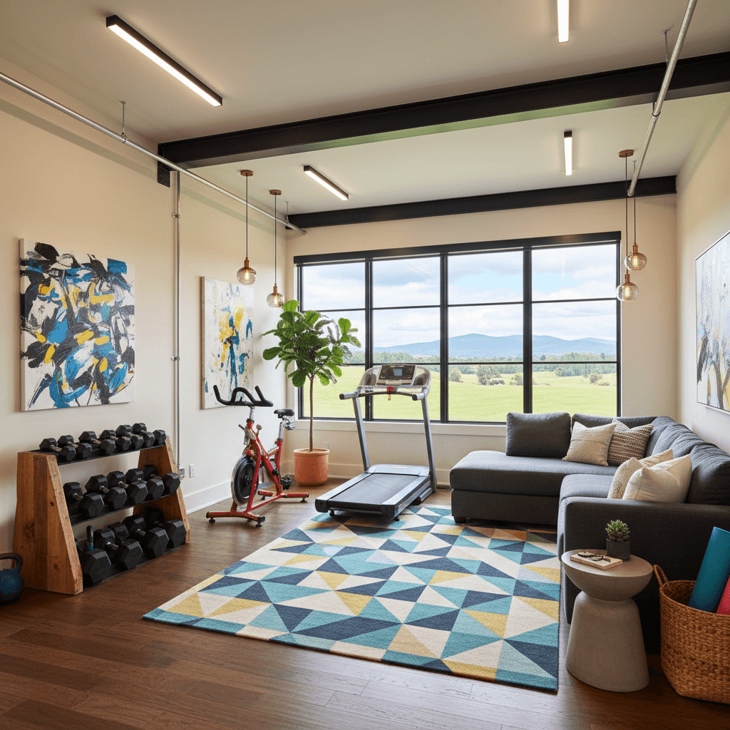 Design a Home Gym that blends modern functionality with eclectic flair, evoking a sense of dynamic energy. The space features a neutral color palette with pops of bold, contrasting hues. Walls are painted a warm, creamy white (Benjamin Moore's Simply White), and floors are made of dark hardwood, complemented by industrial-chic metal accents. A statement piece, a reclaimed wood weights rack, adds warmth and texture. A sleek, minimalist treadmil stands alongside a vibrant, retro-style exercise bike, its cherry-red frame a fun pop of color. Floor-to-ceiling windows allow for natural light and offer a scenic view of the outdoors. The space is illuminated by a combination of overhead LED lighting and warm, pendant-style fixtures above the exercise stations. A plush, oversized sectional sofa in a deep, rich gray (Farrow & Ball's Elephant's Breath) invites relaxation and lounging after a workout, while a geometric-patterned area rug in shades of turquoise and yellow adds visual interest and playfulness. - Balanced Eclectic Home Gym designed with AI by Interiores AI