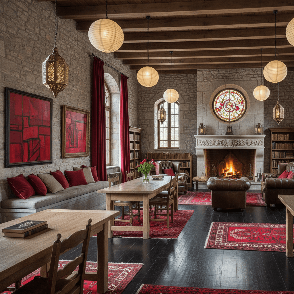 Create a reading space with a rural character, inspired by the Pays de la Loire style, featuring traditional elements such as limestone stone walls, ebony wood flooring, and oak furniture. The décor is dominated by shades of gray and beige, with bright red accents introduced through rugs, curtains, and art objects. Wallpaper-covered lights and gilded metal lanterns add a sense of warmth and sophistication. The furniture is elegant, with leather chairs and wooden tables, designed to accommodate readers seated at a high table or reclining on stone benches. - French Country Recording Studio / Streaming designed with AI by Interiores AI