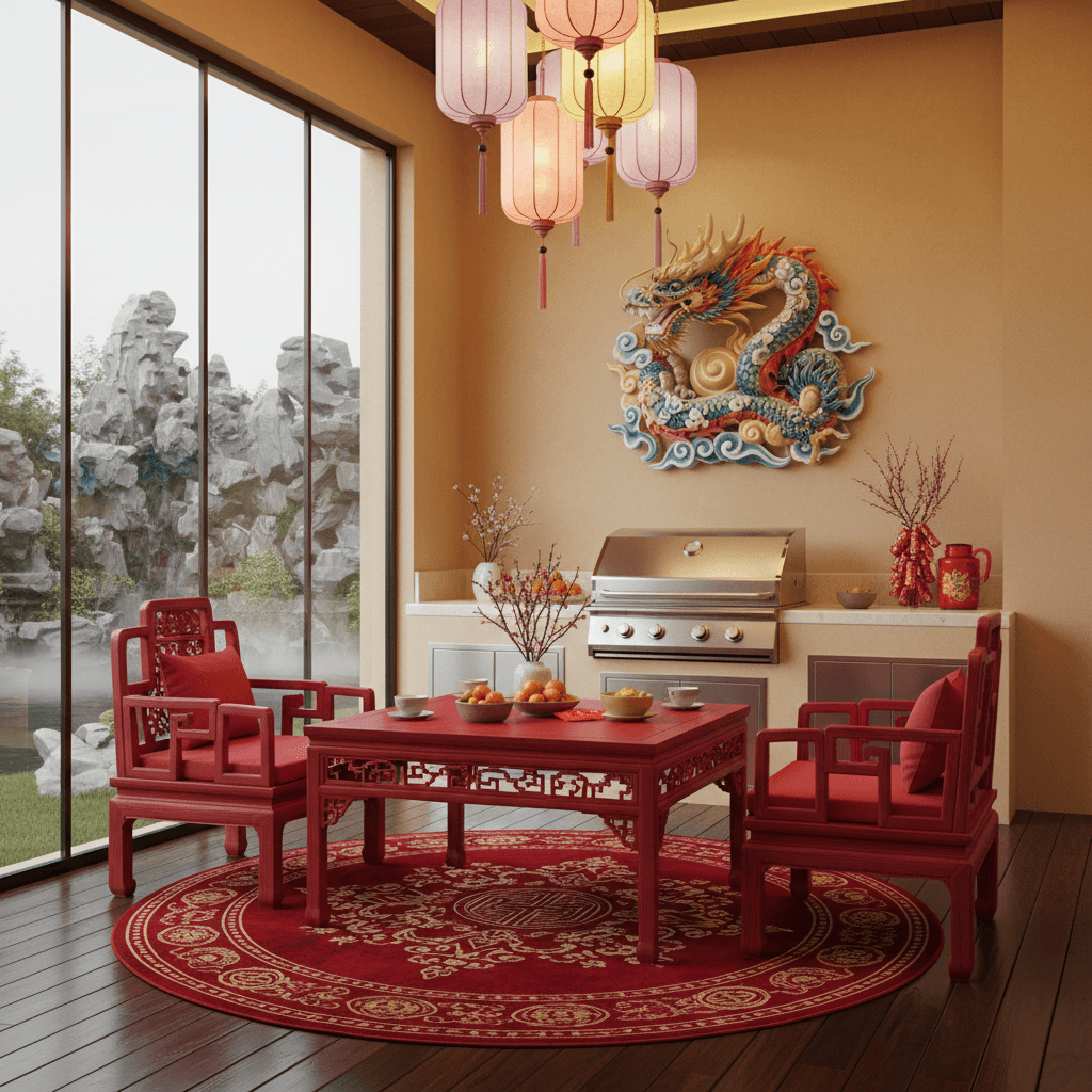 Design a vibrant Grill Area for Chinese New Year celebrations, infused with traditional colors and motifs. The space is nestled in a modern home, with large windows offering a glimpse of a serene garden. Walls are painted a warm, golden hue (#F7D2C4), while the floor is made of dark hardwood, adding depth and warmth. Red lacquer furniture, adorned with intricate carvings, sits atop a plush area rug in rich, crimson red. Hanging lanterns in soft, pastel pink and gold illuminate the space, casting a festive glow. A statement piece, a stunning ceramic dragon, stands guard above the grill, its vibrant colors and ornate details a testament to the joy and prosperity of the Lunar New Year. - Chinese New Year Grill designed with AI by Interiores AI