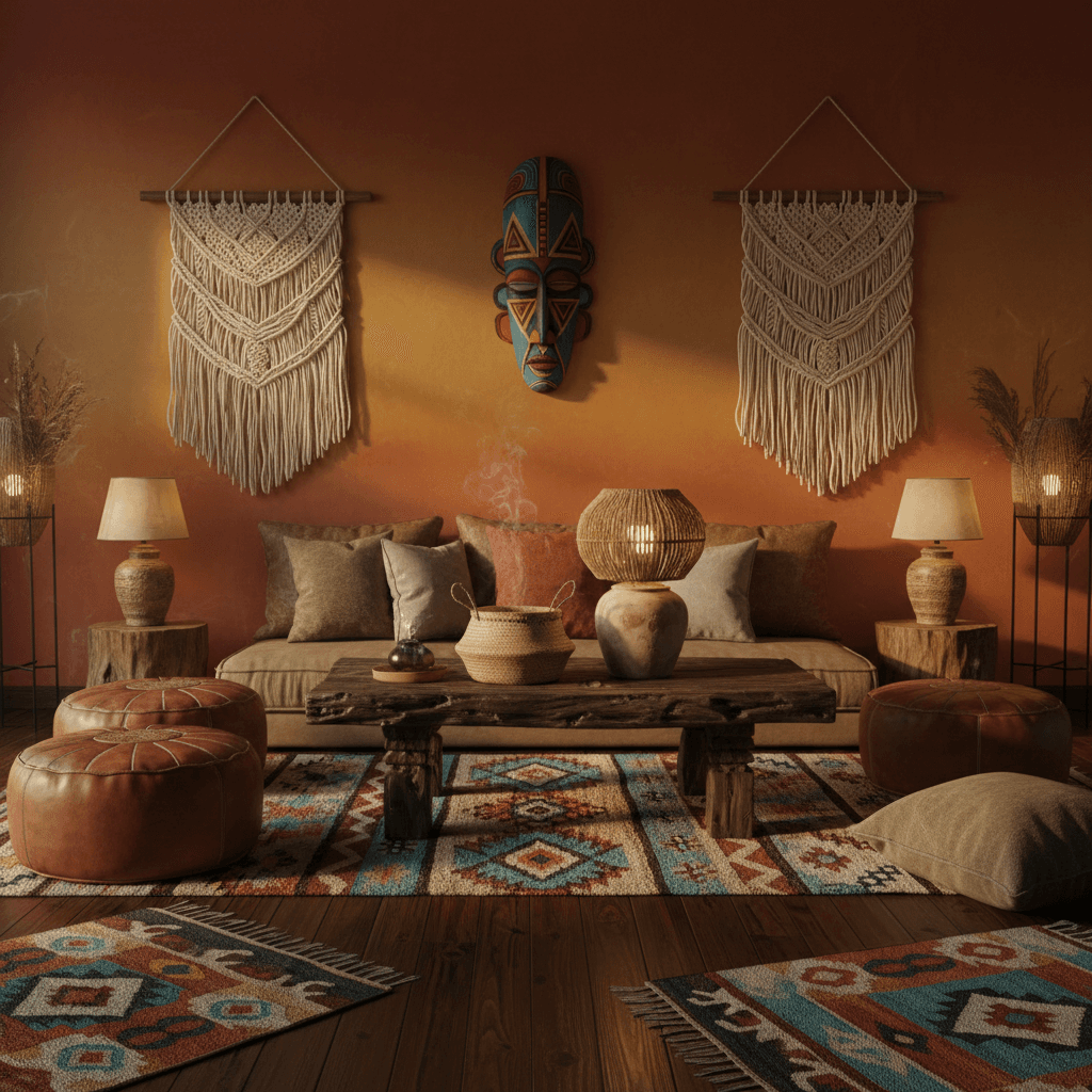 Create a vibrant and immersive Tribal-inspired Living Room with rich textures and earthy tones. Walls adorned with a gradient of terracotta, sienna, and golden brown hues, evoking the warmth of African savannas. The floor is made of polished dark wood, accented with vibrant rug patterns in shades of turquoise, crimson, and yellow. Leather cushions and poufs in earthy tones are arranged around a low-slung, hand-carved wooden coffee table, topped with a woven basket and a pendant lamp made from natural fibers. The walls are adorned with macramé wall hangings and a statement piece, a hand-painted wooden mask, adds a pop of color and cultural flair. Soft, golden lighting emanates from table lamps and floor lamps, casting a cozy and inviting ambiance. The air is thick with the scent of frankincense and myrrh, transporting guests to a primal, ancient world. - Tribal Living Room designed with AI by Interiores AI