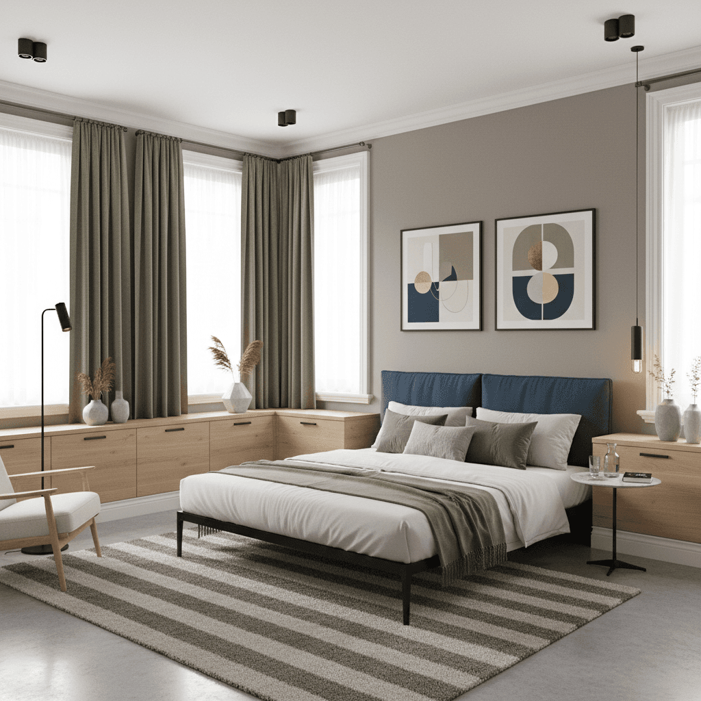 A beautiful Master Bedroom designed in Modern Contemporary style. Transform this interior space into modern contemporary style while preserving the original room layout, walls, windows, and architectural features. Use a neutral base of warm gray and soft white with one or two accents such as petrol blue or olive green. Choose clean lined, low profile furniture mixing wood, matte black metal and plain upholstery. Add modular storage and a light side table. Include simple geometric artwork, textured cushions and floor length curtains. Use dimmable lighting with adjustable spots and a focused pendant above the table. The space features carefully selected furniture, harmonious colors, natural lighting, and thoughtfully placed decorative elements that create a welcoming and aesthetically pleasing atmosphere. - Modern Contemporary Master Bedroom designed with AI by Interiores AI