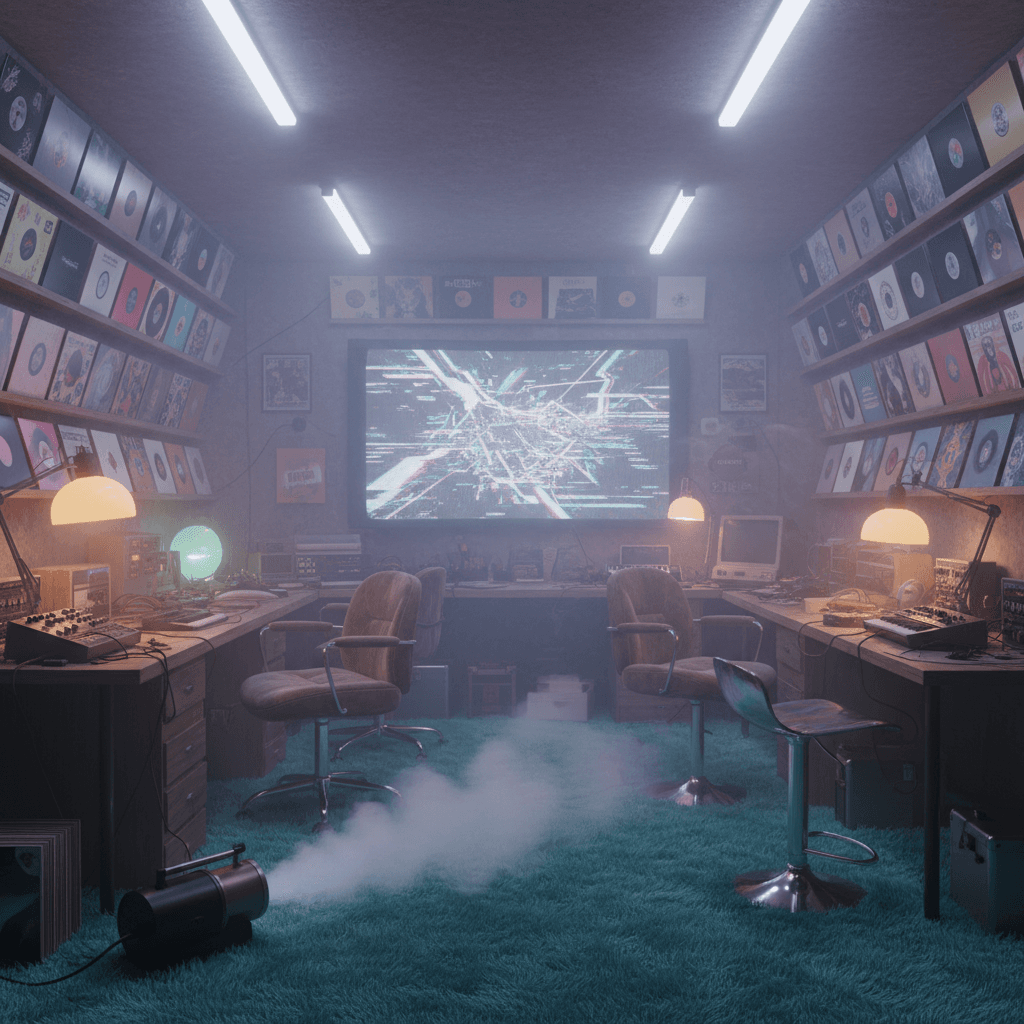 Imagine a dimly lit, retro-futuristic Creative Workshop bathed in a haze of pastel colors, with walls adorned in vinyl records, cassette tapes, and VHS tapes. The floor is covered in a plush, turquoise shag carpet, and the air is filled with the sweet scent of incense. Flickering fluorescent lights overhead cast an otherworldly glow on the space, while a fog machine wafts a misty aura around the room. The walls are lined with worn, wooden desks, and the furniture is a mishmash of vintage office chairs, ergonomic stools, and mismatched, retro-futuristic lamps. A large, distorted video screen hangs on one wall, displaying a never-ending loop of glitch art and VHS distortion. The overall atmosphere is one of surreal, nostalgic unease, inviting creatives to lose themselves in a sea of analog detritus and retro-futuristic dreams. - Vaporwave Creative Workshop designed with AI by Interiores AI
