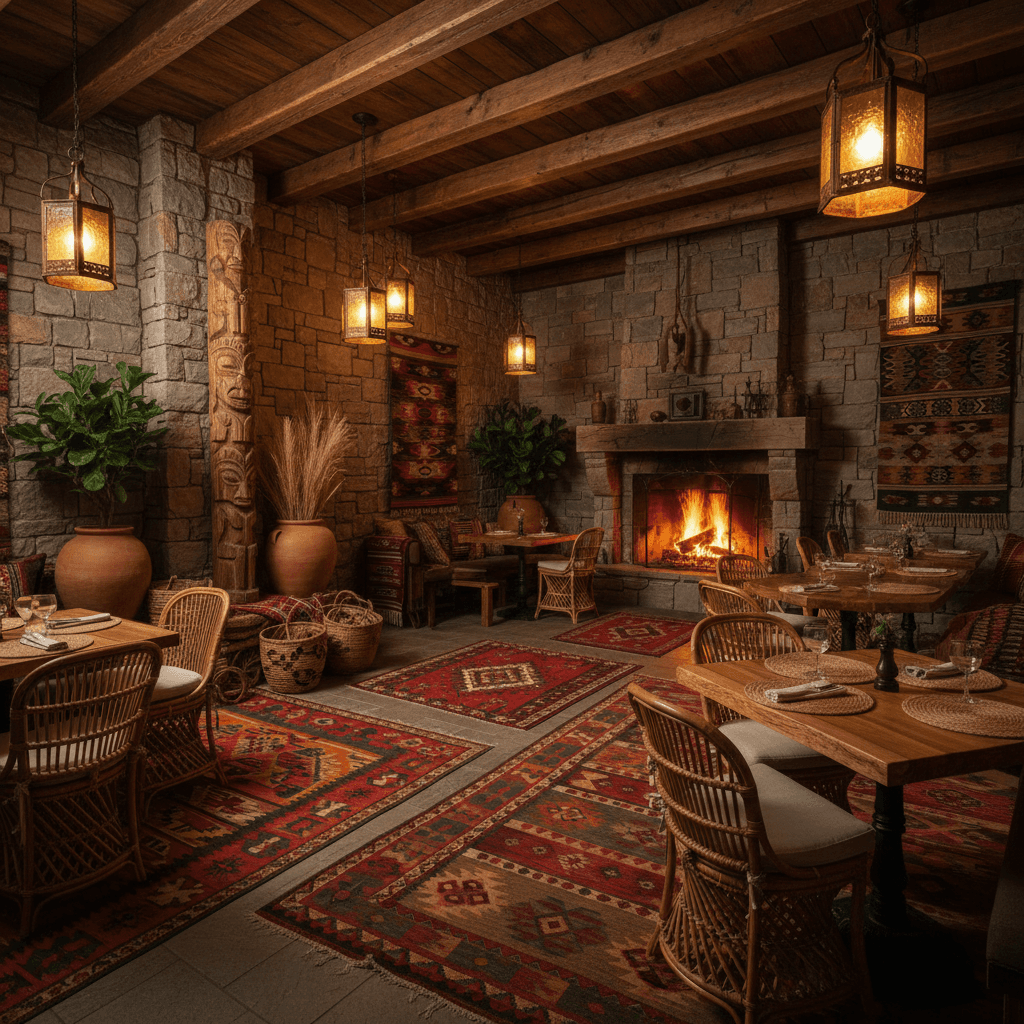 Generate an interior design for a restaurant that embodies the warmth and vibrancy of a traditional tribal culture, set in a cozy, rustic lodge-style building with natural stone walls and a reclaimed wood ceiling. Earthy tones and rich textures predominate, with terracotta-colored clay pots and woven rattan furniture adding organic warmth. Warm golden lighting emanates from lantern-style pendant lights and a roaring stone fireplace, while natural fibers like jute and sisal rugs in deep earthy hues cover the floors. A statement piece, a hand-carved wooden totem pole stands near the entrance, surrounded by woven baskets and richly patterned Kilim rugs, infusing the space with the essence of the great outdoors. - Tribal Entrance / Porch designed with AI by Interiores AI