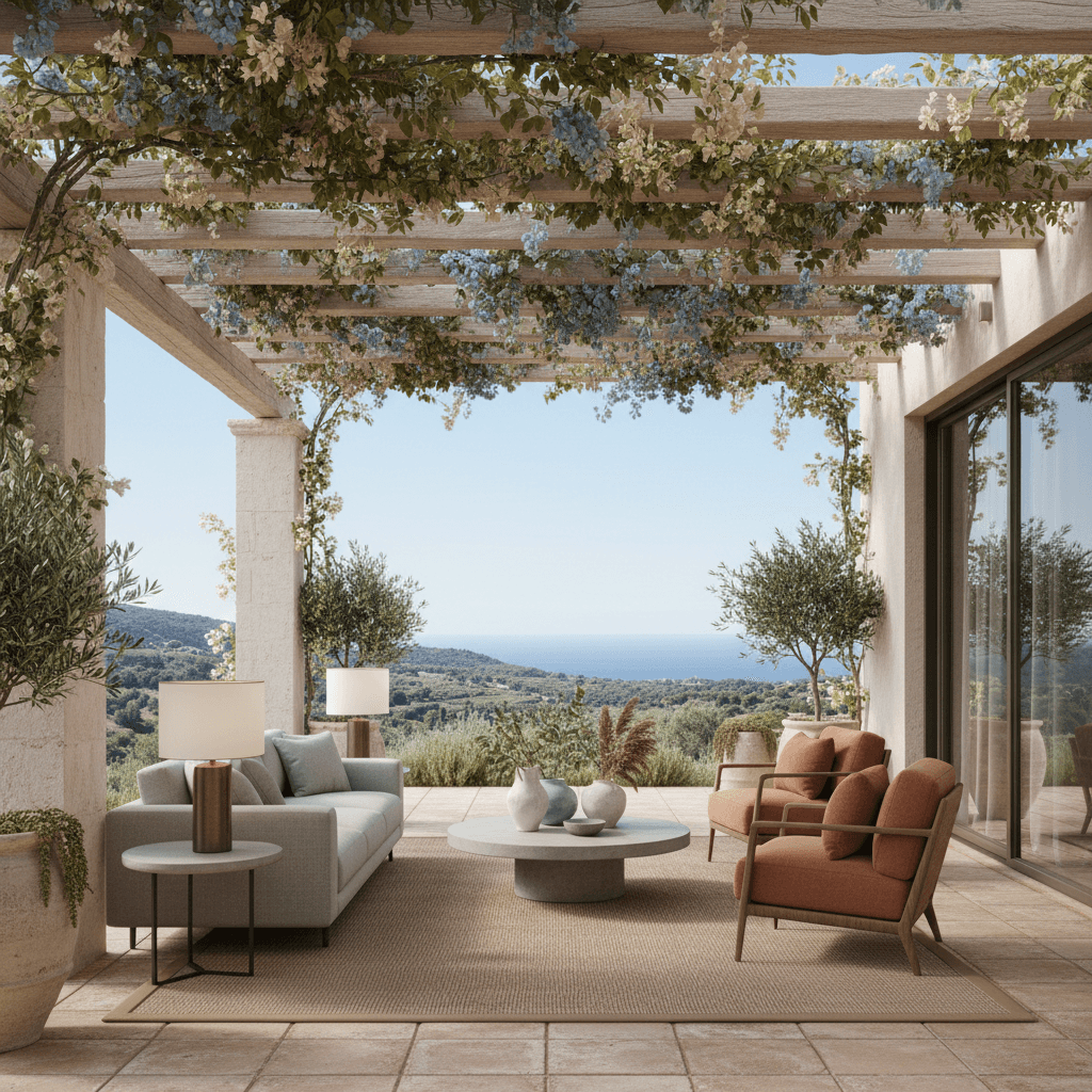 Design a contemporary Mediterranean-style terrace with a neutral color palette, blending warm terracotta tones with soft whites and creamy blues. The space features a cantilevered wooden pergola with living vines and lush greenery, providing shade and texture. A sleek, low-profile sofa in a light gray hue is placed against a stone column, accompanied by a pair of accent armchairs in a warm terracotta color. The floor is covered with a natural sisal rug in a weathered wood tone. Table lamps with bronze bases and white linen shades add warmth and ambiance, while a floor-to-ceiling glass door frames the breathtaking views of the surrounding landscape, set against a backdrop of clear blue skies. - Contemporary Mediterranean Terrace designed with AI by Interiores AI