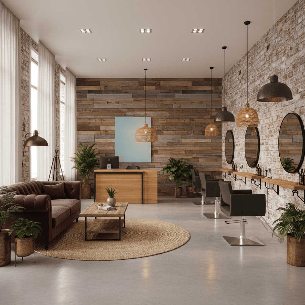 Design a Hair Salon in Modern Rustic style, featuring distressed wooden accents, exposed brick walls, and metal accents. The color palette includes earthy tones such as weathered wood, moss green, and sky blue. Soft, warm lighting is provided by pendant lamps made from natural materials like woven rattan and metal. Comfortable seating areas are created with plush, velvet sofas in a deep, rich burgundy color, paired with reclaimed wood coffee tables and floor lamps adorned with vintage metal shades. Natural textiles such as jute rugs and linen napkins add warmth to the space, while a statement wall featuring a reclaimed wood panel serves as a backdrop for the reception desk, where a sleek, modern console table in a warm, honey-colored wood complements the rustic elements. - Modern Rustic Hair Salon / Barbershop designed with AI by Interiores AI