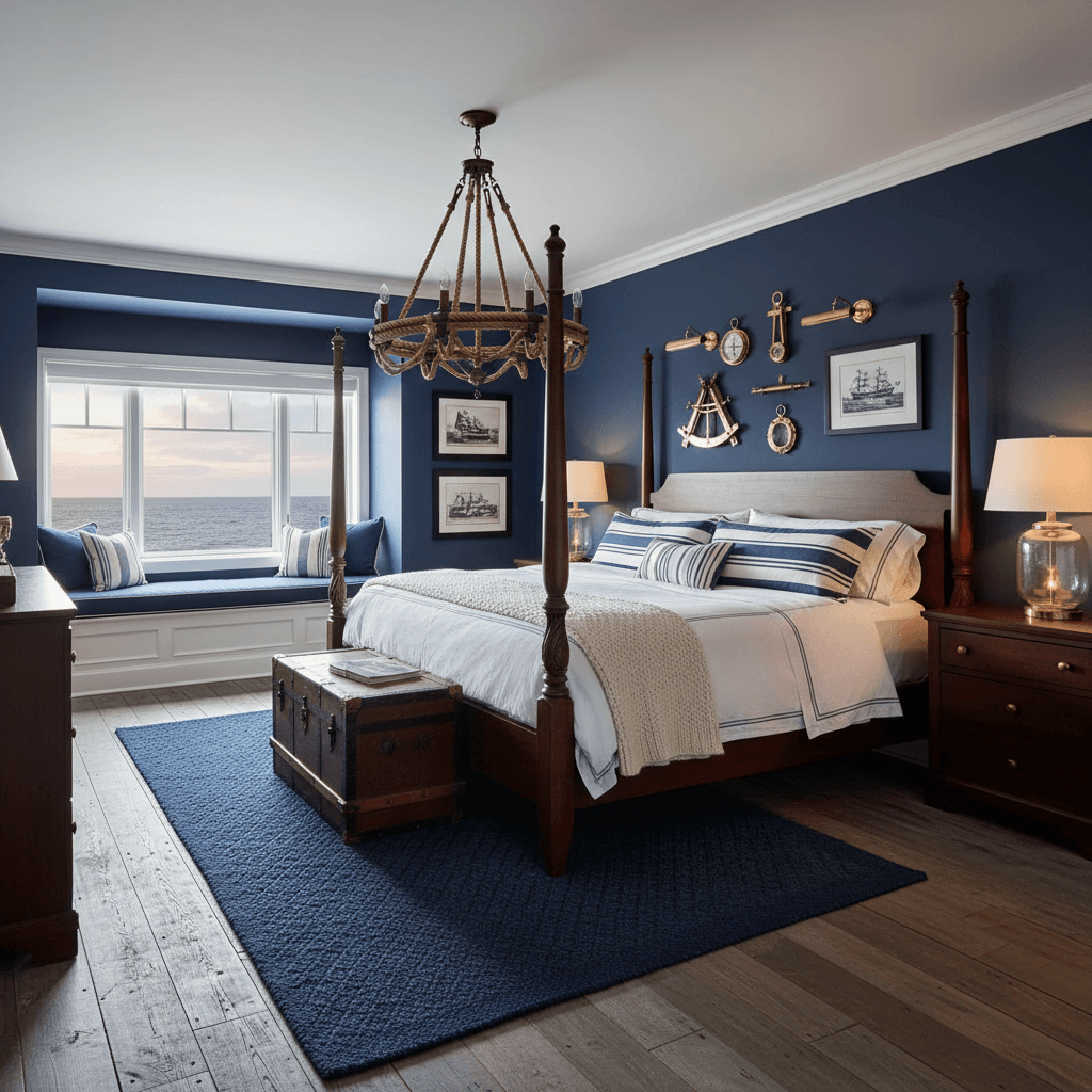 Design a Master Bedroom with a nautical theme, reminiscent of a classic sailing vessel. The room is painted a soothing navy blue (Benjamin Moore's "Hale Navy") and features crisp white trim and ceilings. Reclaimed wooden planks in a weathered gray finish line the floor, while dark walnut furniture adds warmth. A plush navy blue area rug with a subtle rope pattern anchors the space. A stunning nautical-themed chandelier made from metal ropes and wooden dowels hangs above the king-sized bed, which is dressed in crisp white linens and a navy blue striped duvet cover. The walls are adorned with vintage navigation instruments and framed nautical prints, while a floor-to-ceiling window seat with a plush navy blue cushion invites relaxation. Warm golden lighting casts a cozy glow, evoking the feeling of a seaside retreat. - Nautical Master Bedroom designed with AI by Interiores AI
