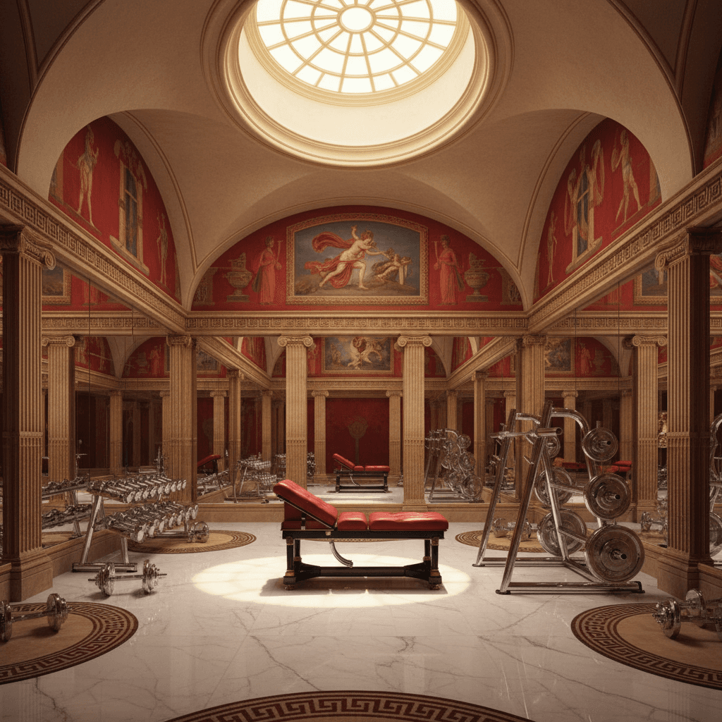 Imagine a grand, high-ceilinged Home Gym in the Neoclassical style, inspired by ancient Greek and Roman architecture. The space is illuminated by a soaring, elliptical skylight, casting a warm, golden light on the polished white marble floors. Walls are adorned with rich, crimson-red frescoes, while elegant, gilded wooden columns support a vaulted ceiling. A stately, crimson leather-upholstered exercise bench sits atop a base of gleaming, dark wood, accompanied by a gleaming, polished chrome weightlifting rack. Walls lined with floor-to-ceiling, ornate mirrors reflect the space, while a stunning, hand-painted fresco above the bench depicts a mythological scene of Apollo and Daphne. The atmosphere is one of classic elegance and refined athleticism, inviting the enthusiast to engage in rigorous exercise amidst a setting of timeless beauty. - Neoclassical Home Gym designed with AI by Interiores AI
