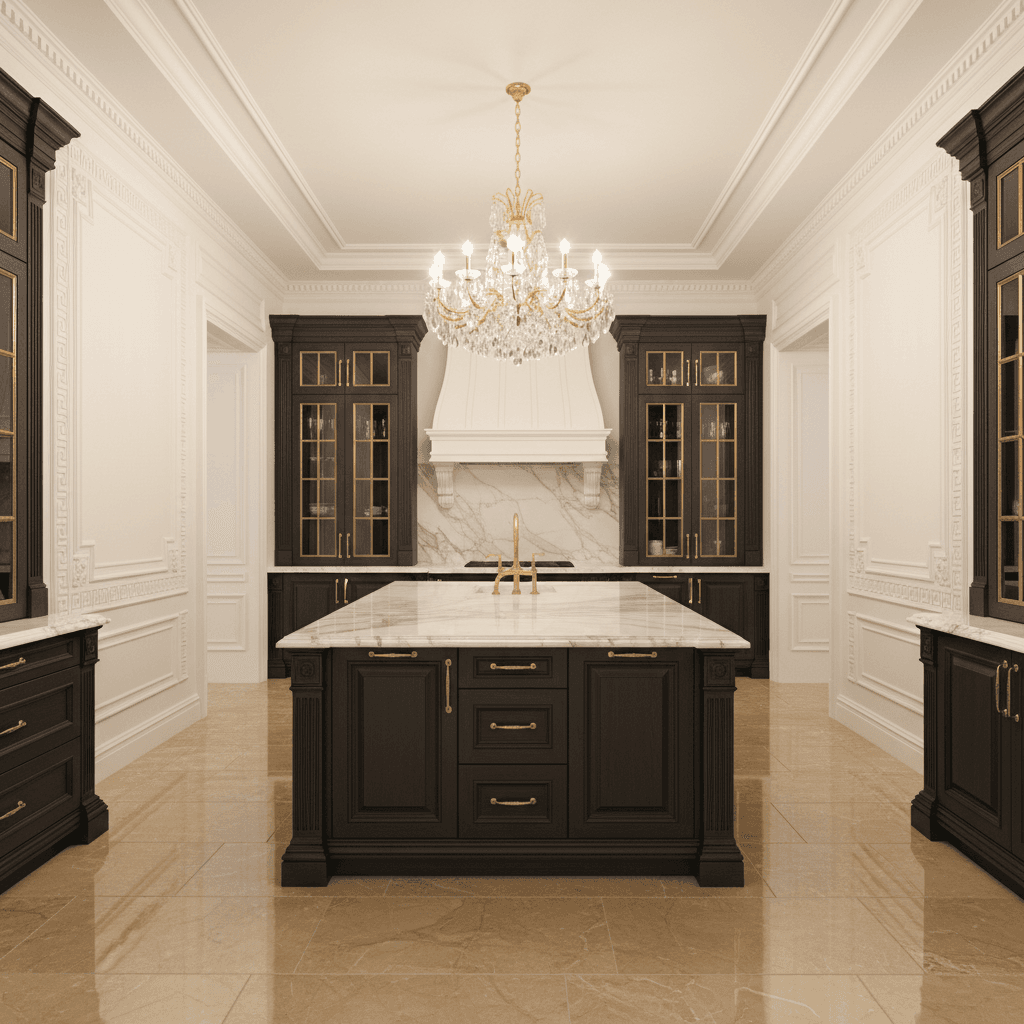Design a kitchen in the Neoclassical style, featuring a grand, symmetrical layout with a large central island. The walls are painted a soft, creamy white (Benjamin Moore's "Snowfall White") and adorned with intricately carved, Greek-inspired moldings. The floors are made of warm, honey-colored marble (Calacatta Verona) and feature a subtle, honed finish. The cabinetry is crafted from rich, dark wood (Espresso-stained walnut) with ornate, gold hardware. A stunning, crystal chandelier hangs from the ceiling, casting a warm, elegant glow. The atmosphere is refined and sophisticated, evoking the grandeur of ancient Greece. - Neoclassical Kitchen designed with AI by Interiores AI