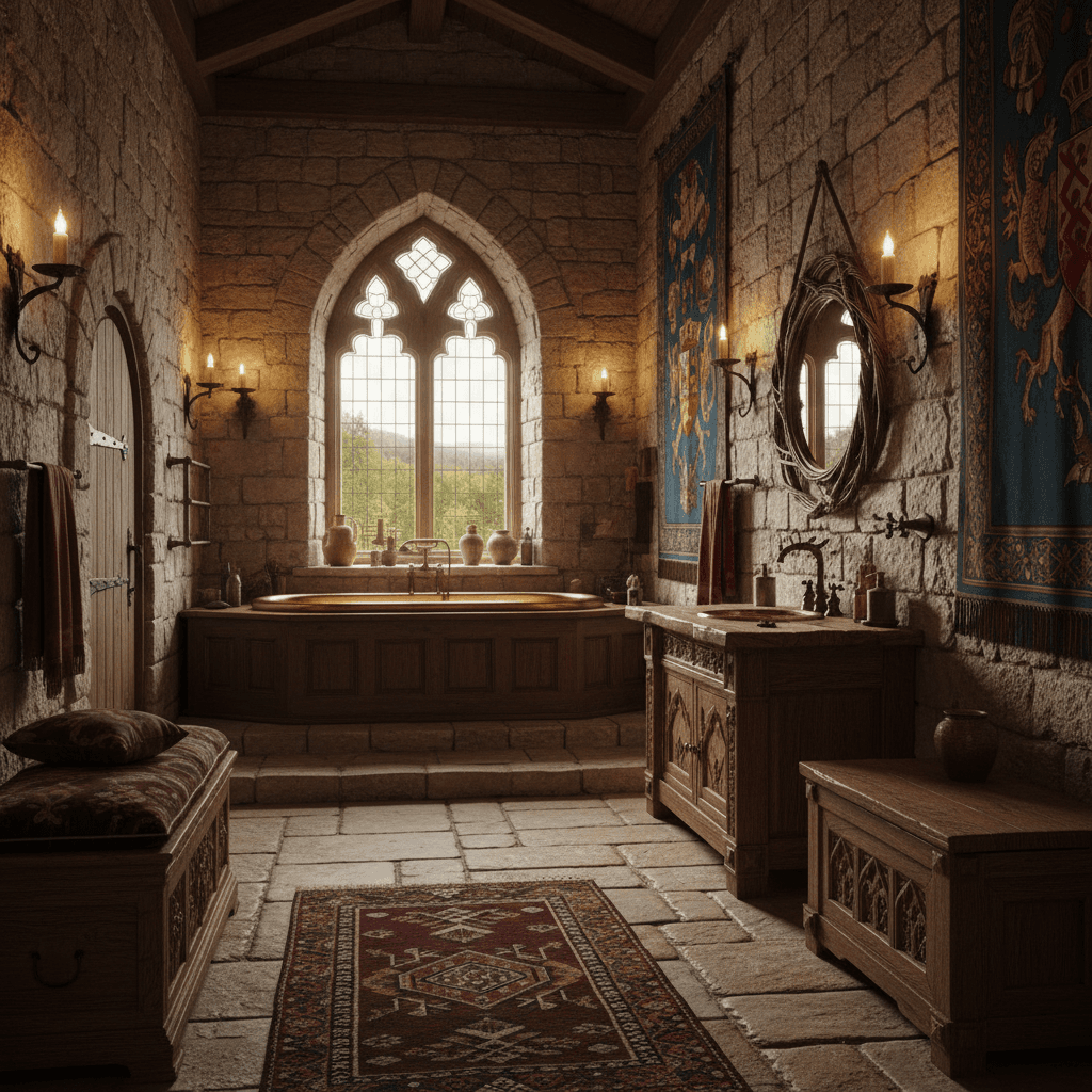 A beautiful Bathroom designed in Medieval style. Restyle this interior into medieval style while preserving walls. Use heavy wood furniture, stone textures, wrought iron hardware, and deep colors. Add tapestries, candle-like lighting, and arched motifs for a historic ambiance. The space features carefully selected furniture, harmonious colors, natural lighting, and thoughtfully placed decorative elements that create a welcoming and aesthetically pleasing atmosphere. - Medieval Bathroom designed with AI by Interiores AI
