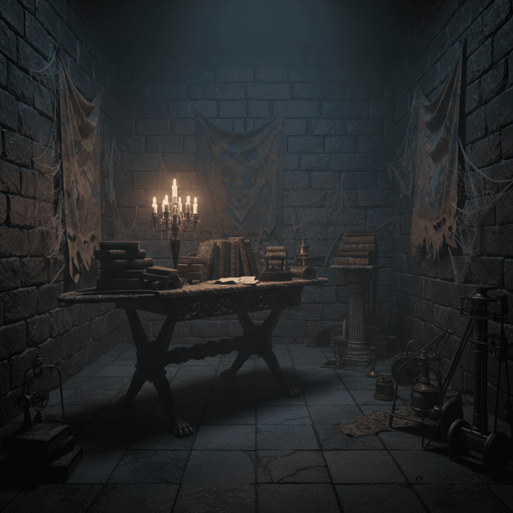 Imagine a laundry room shrouded in mystery, with walls of dark, rich stone and ceilings that seem to disappear into the shadows. The floor is made of worn, blackened flagstones, and the air is thick with the scent of old books and dust. A single, flickering candelabra casts eerie shadows on the walls, casting an otherworldly glow over the space. The walls are adorned with cobweb-covered tapestries, their intricate patterns and muted colors seeming to whisper secrets to the air. A heavy, ornate ironing board sits atop a worn, wooden table, surrounded by a collection of ancient, leather-bound tomes and mysterious, antique cleaning contraptions. The overall atmosphere is one of foreboding and nostalgia, as if the laundry room has been untouched for centuries, waiting for the return of a long-forgotten era. - Gothic Laundry Room designed with AI by Interiores AI