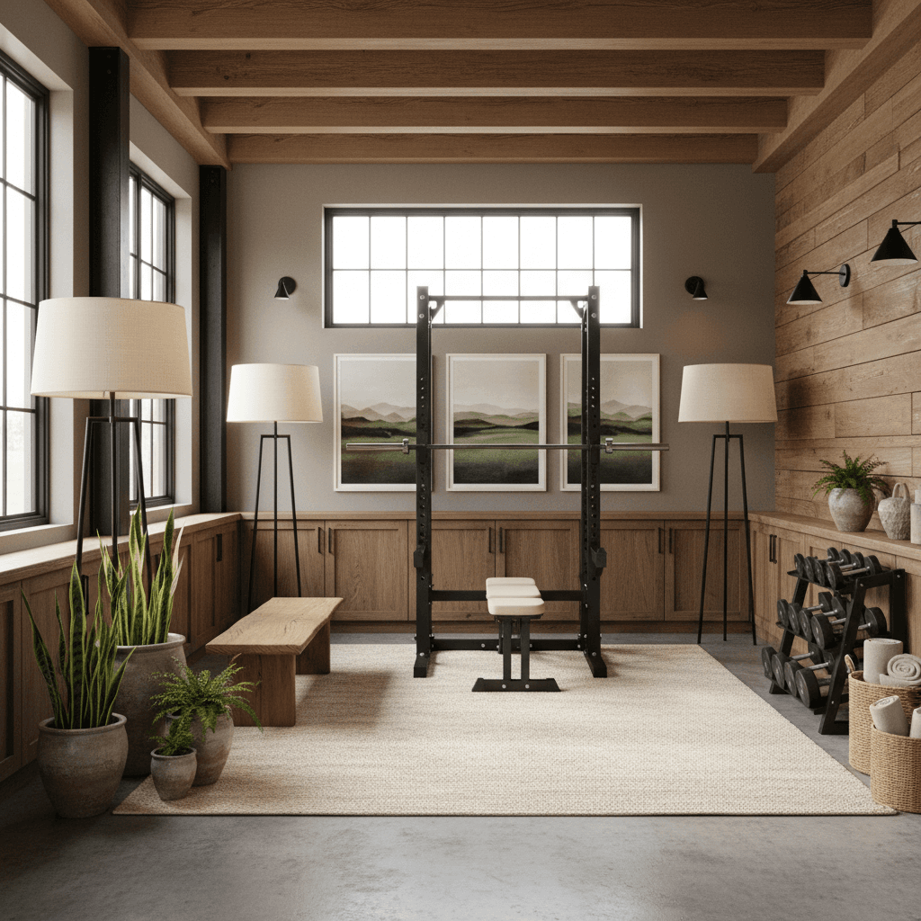 A beautiful Home Gym designed in Modern Rustic style. Transform this interior space into modern rustic style while keeping the original room layout, walls, windows, and architectural features intact. Combine wood with pronounced grain, heavy textiles and black iron. Use a palette of cream, warm gray and mid brown. Add a solid wood bench or side table, fabric shade lamps and utilitarian ceramics. Use concealed storage to avoid overcrowding. Include plants and understated landscape artwork. The space features carefully selected furniture, harmonious colors, natural lighting, and thoughtfully placed decorative elements that create a welcoming and aesthetically pleasing atmosphere. - Modern Rustic Home Gym designed with AI by Interiores AI