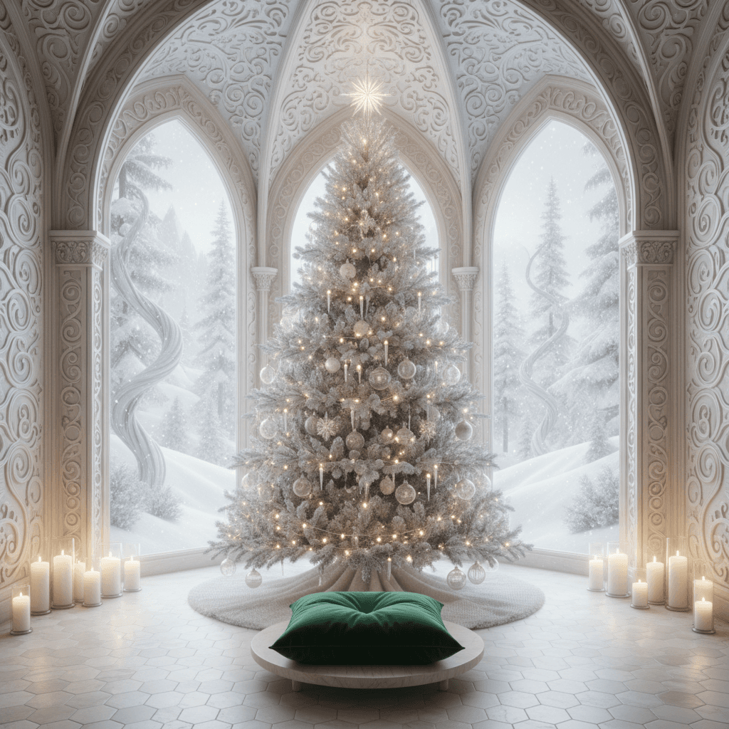 Imagine a serene Meditation Room set amidst a whimsical winter wonderland, evoking the magic of Christmas. The space is enveloped in a soft, snowy glow, with creamy whites and pale blues dominating the color palette. The walls are adorned with intricately carved wooden panels, painted with frosty patterns in shades of silver and pale gold. The floor is covered with plush, cream-colored Moroccan tiles, adding warmth and texture. A majestic Christmas tree stands tall in the center, its branches adorned with twinkling white lights, glass ornaments, and a delicate silver star atop. The air is filled with the sweet scent of pine and the soft hum of candlelight. A plush, velvet cushion in a rich, emerald green sits atop a low, wooden stool, inviting meditators to sit in stillness and contemplation. - Christmas Meditation Room designed with AI by Interiores AI