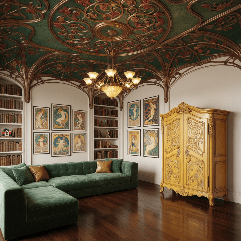 Design a vibrant playroom in Art Nouveau style, inspired by the works of Alphonse Mucha and Gustav Klimt, with a color palette of rich emerald green, golden yellow, and deep crimson. The space features a soaring ceiling adorned with organic, flowing metalwork and intricate floral patterns. Walls are painted a soft, creamy white, while floors are made of rich, dark hardwood. A plush, oversized sectional sofa in emerald green velvet is nestled against a floor-to-ceiling bookshelf lined with leather-bound volumes and vintage poster art. A beautiful, hand-carved wooden armoire in golden yellow finishes serves as a toy storage unit, while a stunning, Art Nouveau-inspired chandelier hangs from the ceiling, casting a warm, golden glow over the space. - Art Nouveau Game Room / Playroom designed with AI by Interiores AI