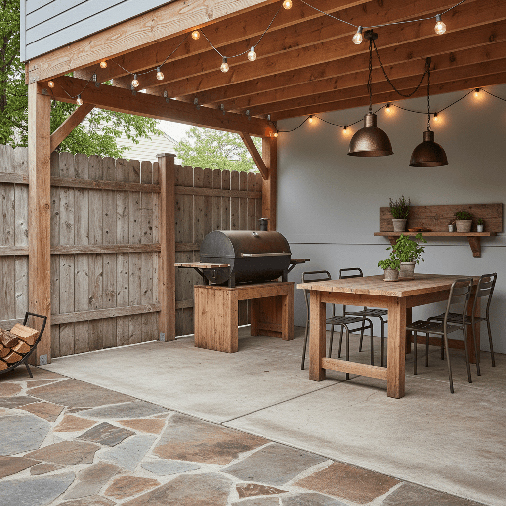Design a rustic Simple-style Barbecue Area with a focus on functionality and comfort. The space features a rectangular-shaped concrete slab with a natural stone inlay pattern, surrounded by a weathered wood fence. The walls are painted a soothing light gray (e.g. Sherwin-Williams' "Comfort Gray"), while the ceiling is left exposed with a warm, beige-colored wood beam. A large, cylindrical gas barbecue sits atop a wooden platform, accompanied by a sturdy wooden table and two metal chairs. The outdoor area is illuminated by a combination of warm, pendant-style metal lanterns and string lights, casting a cozy ambiance. The overall aesthetic is relaxed and casual, evoking a sense of summertime gatherings and outdoor entertaining. - Simple Barbecue Area designed with AI by Interiores AI
