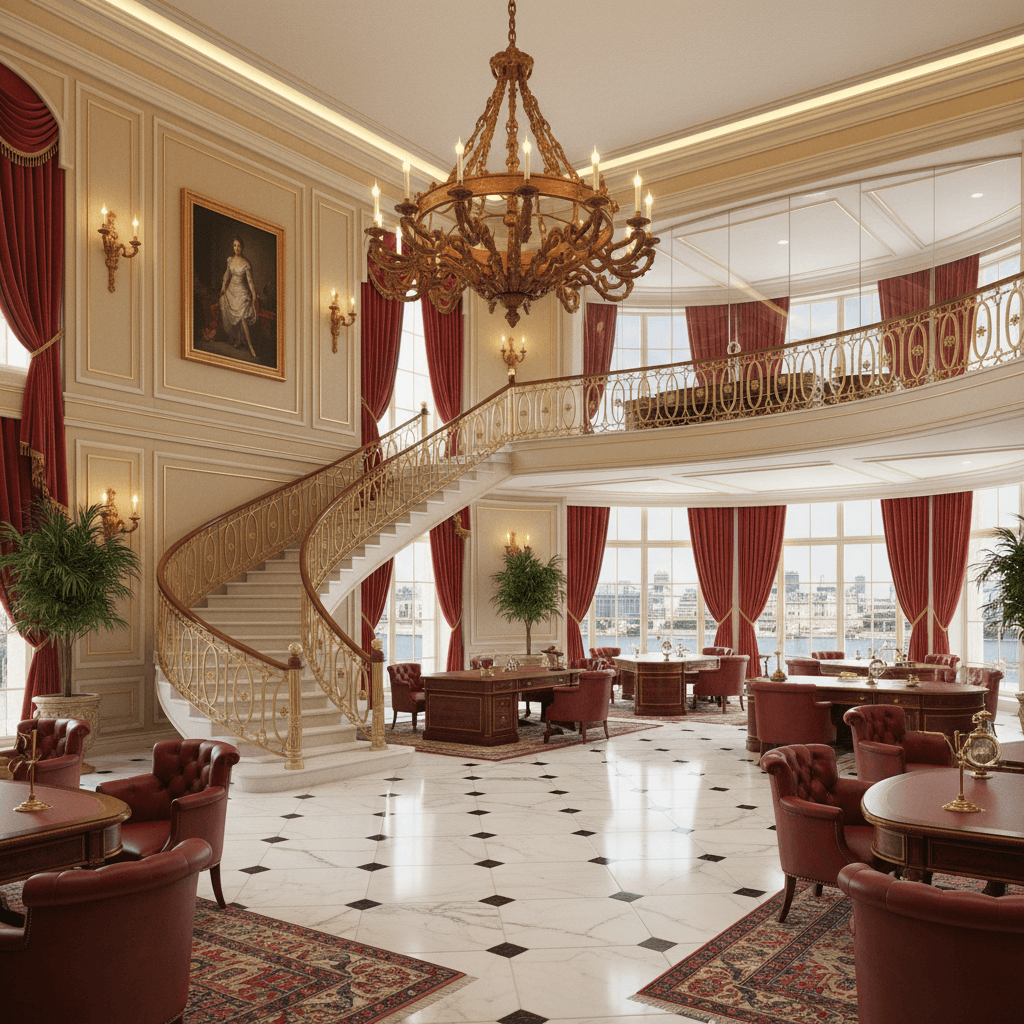 Design a corporate office in the French Classic style, evoking the grandeur of 18th-century aristocracy. The space features a high-ceilinged reception area with a majestic wooden chandelier, suspended above a polished marble floor. Walls are painted a warm cream color, complemented by rich red velvet drapes and ornate gold accents. A sweeping staircase curves up to a mezzanine level, where a glass-enclosed executive suite offers breathtaking views of the city. The main work area is filled with comfortable, tufted leather armchairs and polished mahogany desks, arranged around a central, sweeping curve of floor-to-ceiling windows. A subtle, warm glow emanates from recessed candelabras, casting a sophisticated ambiance. - French Reception designed with AI by Interiores AI