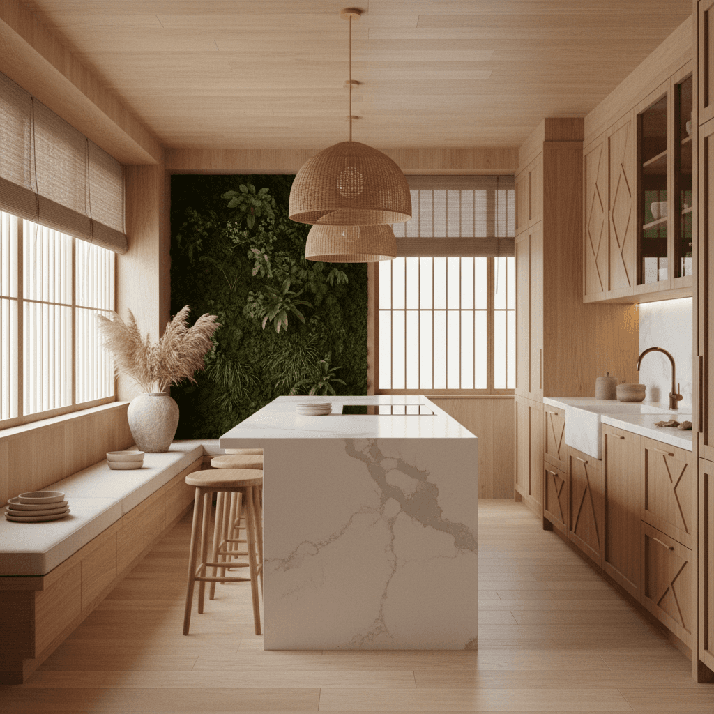 Generate a seamless Open Integrated Kitchen in a Natural Japandi style, with a soft, calming atmosphere. Incorporate warm, earthy tones and natural materials such as reclaimed wood, stone, and linen. Soft, warm lighting from pendant lamps made from natural fibers casts a gentle glow on the space. The kitchen features a minimalist, Scandinavian-inspired cabinetry in a warm wood tone, with ample storage and a subtle geometric pattern. A large, white quartz island serves as a breakfast bar and adds a touch of brightness to the space. Exposed shoji screens and woven paper shades filter the natural light, while a living green wall brings a touch of nature indoors. The overall ambiance is peaceful and organic, with an emphasis on clean lines, minimal ornamentation, and a harmonious blend of natural and built elements. - Natural Japandi Integrated Kitchen designed with AI by Interiores AI
