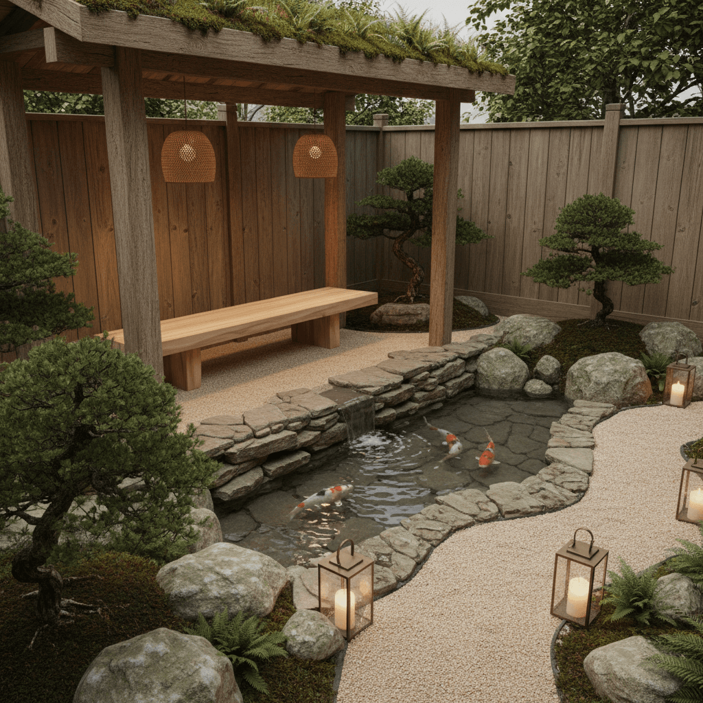 Generate an intimate Garden in Natural Japandi style, featuring a serene water feature as its centerpiece. The space is surrounded by a natural wood fence, with a weathered cedar post and a lush green roof. Earthy tones of moss, sienna, and sand prevail, complemented by the soft glow of warm-toned pendant lights. A low-slung wooden bench, crafted from sustainably-sourced Japanese cedar, invites relaxation amidst a tranquil atmosphere, surrounded by carefully pruned bonsai trees and an abundance of natural stone. A meandering gravel path, topped with a thin layer of crushed stone, guides visitors through the garden, punctuated by strategically placed lanterns in a soft, muted bronze finish. - Natural Japandi Garden designed with AI by Interiores AI