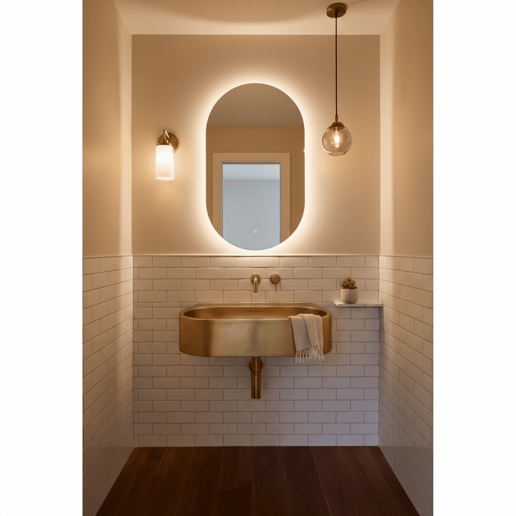 Design a warm and inviting powder room in Warm Minimalism style, featuring a sleek, white subway tile backsplash with a subtle, warm gray grout. The walls are painted a soothing, creamy beige (Benjamin Moore's "Sand Dune"), and the floors are made of rich, dark hardwood (walnut or espresso-stained). A minimalist, wall-mounted, oval-shaped sink in a polished brass finish adds a touch of sophistication, while a recessed, LED-lit mirror above the sink provides ample illumination. The space is illuminated by a warm, brass-toned sconce and a small, pendant-style light fixture above the sink, creating a cozy and intimate atmosphere. - Warm Minimalism Powder Room designed with AI by Interiores AI