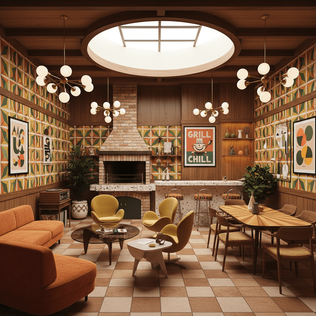A beautiful Barbecue Area designed in Retro style. Transform this room into a retro interior while keeping the structure intact. Use mid-century inspired shapes, warm woods, bold graphic patterns, and vintage color pops. Add period lighting, iconic silhouettes, and playful art for a nostalgic vibe. The space features carefully selected furniture, harmonious colors, natural lighting, and thoughtfully placed decorative elements that create a welcoming and aesthetically pleasing atmosphere. - Retro Barbecue Area designed with AI by Interiores AI
