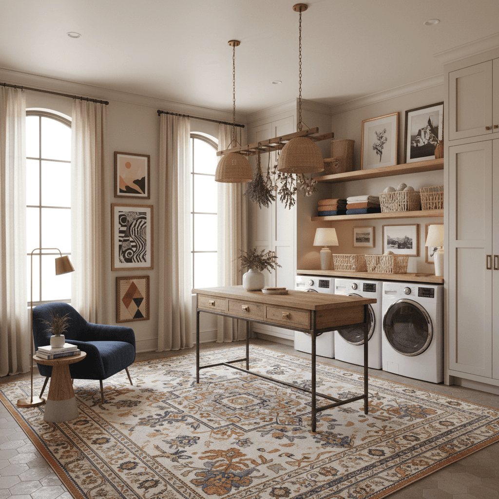 A beautiful Laundry Room designed in Balanced Eclectic style. Transform this interior space into balanced eclectic style while keeping the original room structure, walls, windows, and architectural elements intact. Select a warm neutral base palette and keep one or two consistent accents. Mix furniture from different eras while keeping similar heights and repeating materials. Group objects by color or theme. Use art as the common thread. Layer lighting and use a large rug to unify. Tidy cables and limit the number of items per surface. The space features carefully selected furniture, harmonious colors, natural lighting, and thoughtfully placed decorative elements that create a welcoming and aesthetically pleasing atmosphere. - Balanced Eclectic Laundry Room designed with AI by Interiores AI