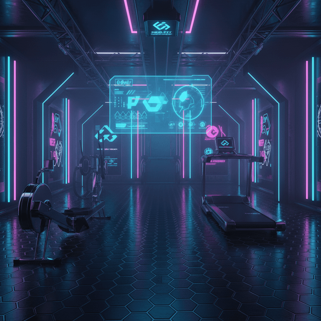 Design a dimly lit, high-tech Home Gym in a Cyberpunk aesthetic, where neon lights and metallic accents immerse the space in a futuristic atmosphere. The room features a sleek, black carbon fiber floor, adorned with a metallic grid pattern that glows with a soft blue light. A gleaming, mirror-finish treadmill and rowing machine stand against one wall, while a neon-lit, holographic display system floats above the floor. The space is punctuated by angular, industrial-chic metal accents and holographic advertisements that flicker and pulse with a mesmerizing rhythm. The air is thick with the hum of machinery and the distant thrum of electronic music, as the space seems to pulsate with the energy of a high-stakes cyber-club.
