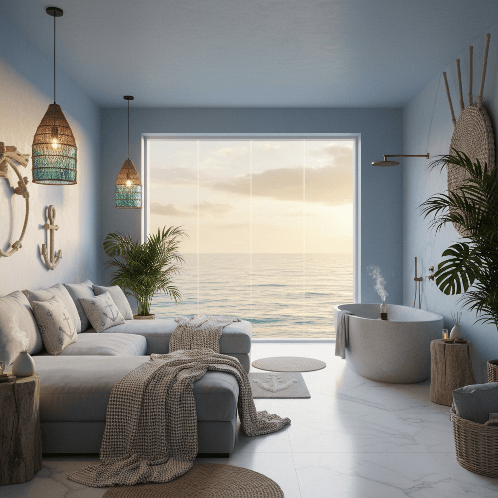 Design a tranquil Surf Shack-inspired spa room with a calming oceanic ambiance. The space features weathered driftwood accents and nautical textiles. Walls are painted a soft, serene blue, while the floor is made of polished white marble. A plush, oversized sectional sofa in a light gray-blue hue is upholstered with a natural fiber throw blanket. The room's focal point is a floor-to-ceiling glass window, providing a stunning ocean view. Warm, golden lighting is provided by pendant lamps made from natural fibers and recycled glass. Aromatherapy essential oils and soothing sounds of gentle waves fill the air. The space includes a rainfall showerhead and a freestanding, soaking tub. - Surf Shack Spa / Sauna designed with AI by Interiores AI