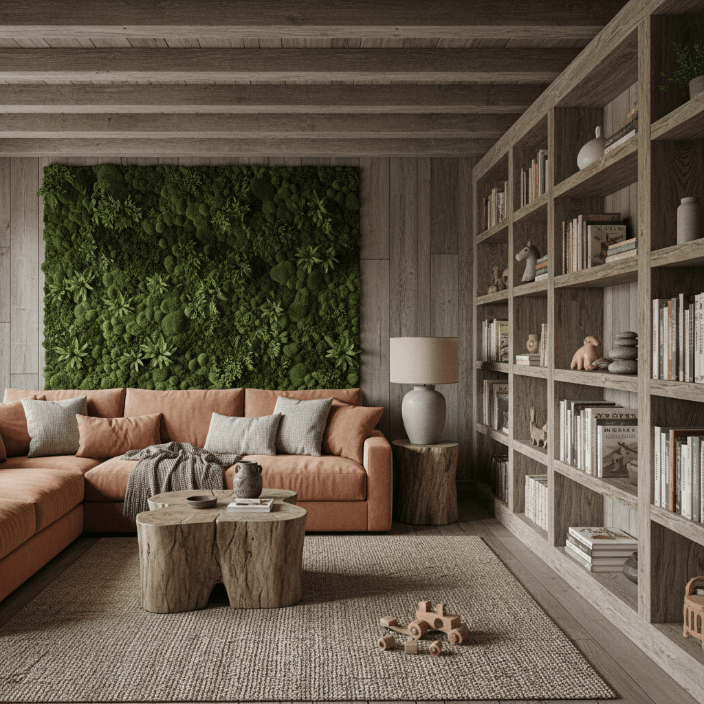Envision a cozy Playroom with a Wabi-Sabi aesthetic, where natural materials and imperfections create a soothing atmosphere. The space features weathered wooden beams and reclaimed wood paneling on walls, accented with soft, muted colors such as mossy green and driftwood gray. A plush, oversized sectional sofa in a warm, earthy tone is arranged around a low-slung coffee table made from a beautifully worn wooden stump. Soft, diffused lighting emanates from table lamps with natural linen shades, while a stunning, moss-covered living wall adds a touch of organic elegance. A floor-to-ceiling bookshelf is constructed from rough-hewn wooden planks, displaying a curated selection of vintage children's books and decorative accents. - Wabi-Sabi Game Room / Playroom designed with AI by Interiores AI