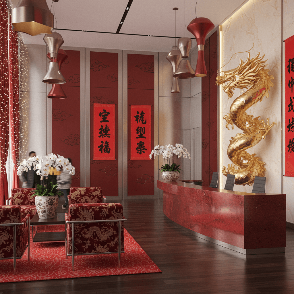 Design a modern corporate office space that embodies the vibrant energy of Chinese New Year. The 2,500 sq. ft. office features a fusion of traditional and modern elements. Walls are adorned with auspicious couplets and intricate red lacquer wood paneling, while sleek glass and metal accents bring a sense of contemporary sophistication. The floor is made of polished dark hardwood, complemented by vibrant red carpeting and red silk drapes. The lighting is warm and inviting, with pendant lamps shaped like traditional Chinese lanterns in bold metallic colors. The furniture is minimalist and stylish, with richly patterned red and gold fabrics on high-backed leather chairs. A stunning red granite reception desk anchors the space, surrounded by a beautifully arranged display of fresh orchids and a stunning 10-foot tall golden dragon sculpture. The atmosphere is festive and dynamic, with a backdrop of twinkling fairy lights and a soundscape of traditional Chinese music and soft laughter. - Chinese New Year Corporate Office designed with AI by Interiores AI