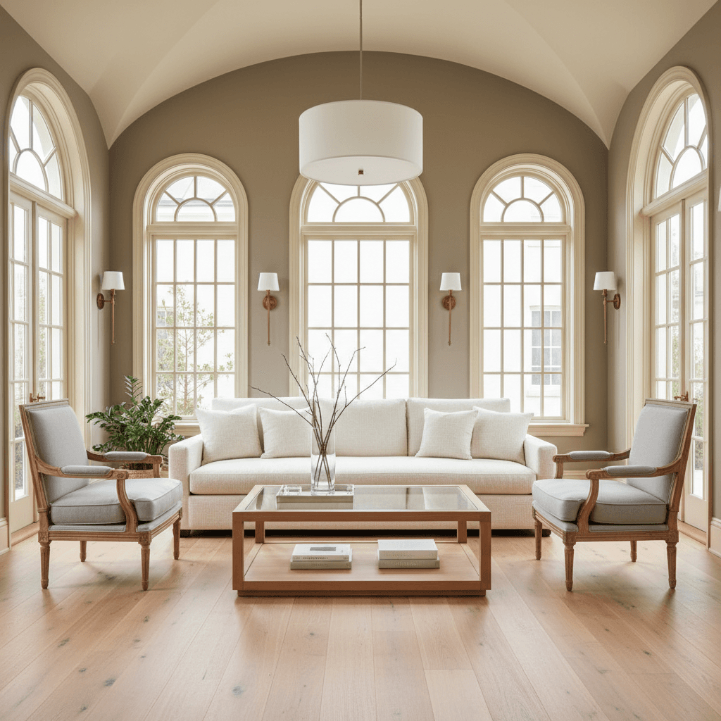 A beautiful Patio designed in Balanced Transitional style. Transform this interior space into balanced transitional style while keeping the original room structure, walls, windows, and architectural elements intact. Use a light base in ivory and warm gray with mid tone wood. Combine a contemporary sofa with reupholstered classic armchairs and a clean coffee table. Keep plain textiles with one hero texture. Add a modern pendant and classic wall lights. Limit accessories to quality pieces such as a tray, books and a vase with branches, keeping everything airy and orderly. The space features carefully selected furniture, harmonious colors, natural lighting, and thoughtfully placed decorative elements that create a welcoming and aesthetically pleasing atmosphere. - Balanced Transitional Outdoor Patio designed with AI by Interiores AI