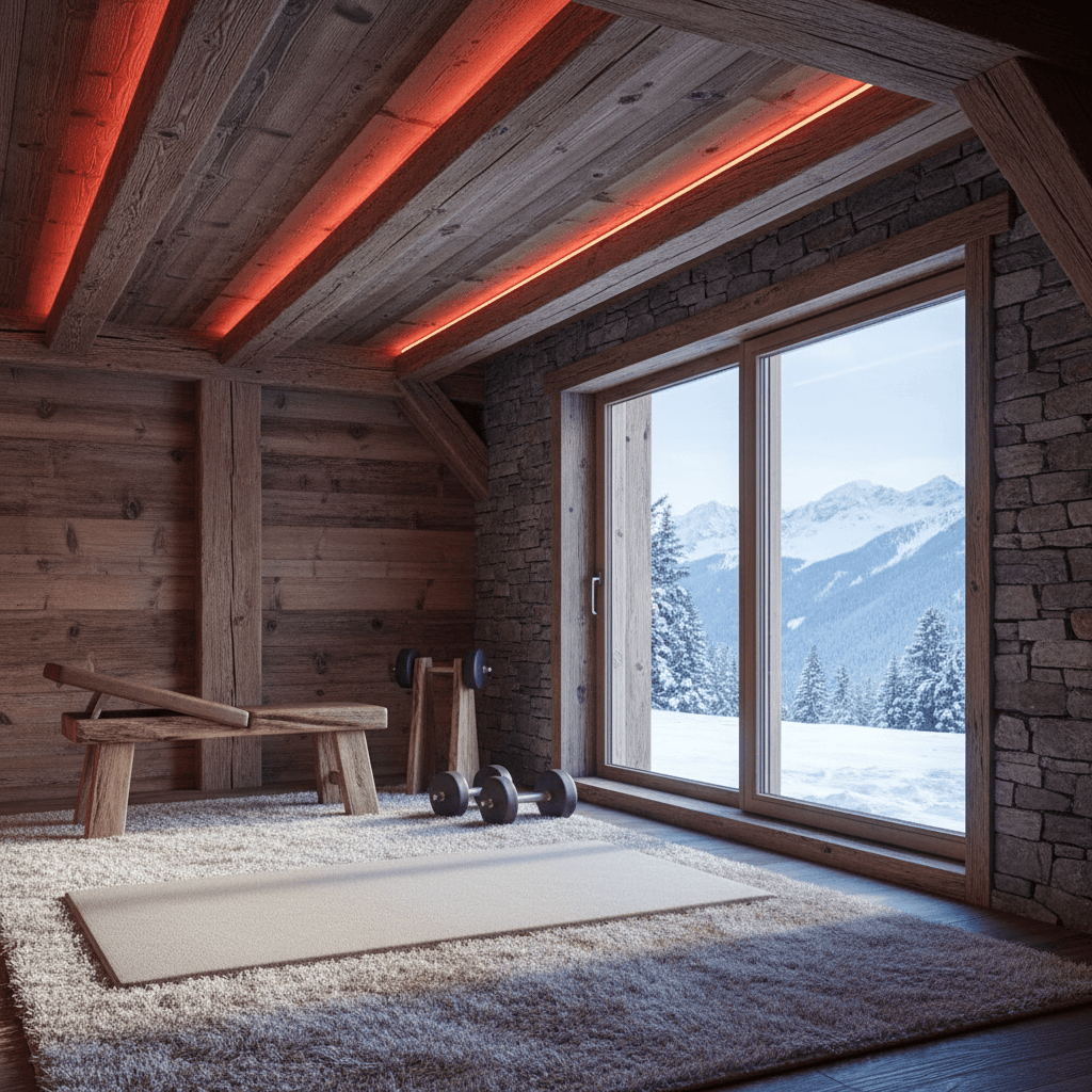 Design a cozy Home Gym nestled in a Snow Chalet, with rustic wooden accents and warm earthy tones. The space features a plush area rug in a natural fiber, surrounded by richly textured stone walls and wooden beams. The room is illuminated by soft, warm LED lighting that simulates a crackling fireplace. A sturdy wooden exercise bench and wooden-legged free weights stand against a reclaimed wood accent wall, while a plush, oversized exercise mat in a neutral tone covers the floor. The space is clad in rustic wooden paneling, and a large, floor-to-ceiling window frames a breathtaking mountain vista, casting a serene, snow-kissed glow over the entire room. - Snow Chalet Home Gym designed with AI by Interiores AI