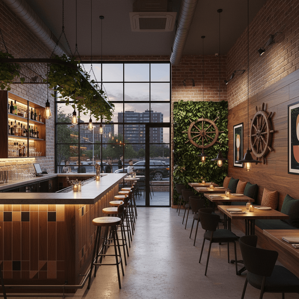 Design a compact urban restaurant with a industrial-chic aesthetic, featuring exposed brick walls, polished concrete floors, and metal accents. The space is approximately 1,000 square feet, with a 12-seat bar and 20-seat dining area. Incorporate warm, rich colors such as terracotta and walnut, accented with pops of bright greenery and bold geometric patterns. Use pendant lighting and under-cabinet LED lights to create a modern glow. Furnish with a mix of reclaimed wood and metal stools, and add a statement wall made from a reclaimed wooden ship's wheel. The atmosphere is cozy and intimate, with a lively bar area and a serene back dining nook. Incorporate a living wall and a floor-to-ceiling window to bring in natural light and connect with the surrounding cityscape. - Compact Urban Restaurant designed with AI by Interiores AI