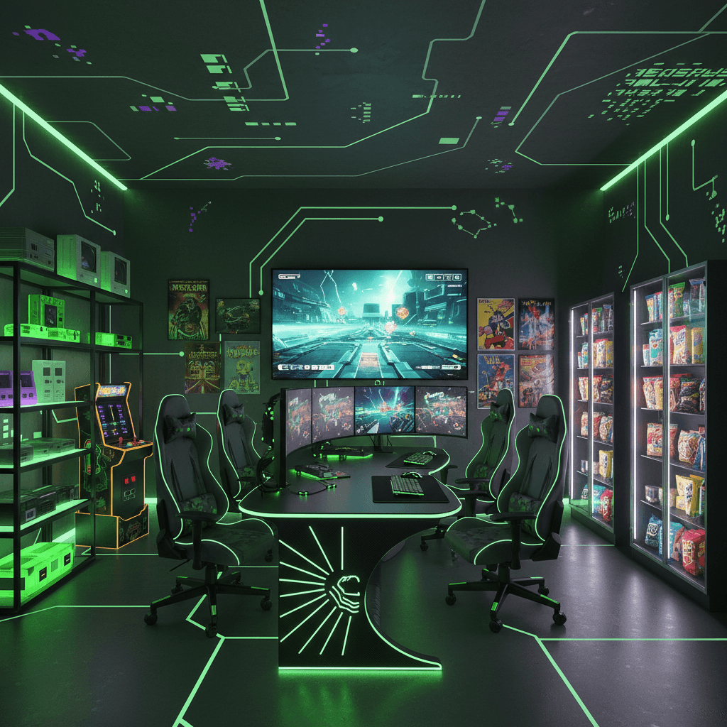 Design a vibrant and immersive gaming playroom with a futuristic gaming station at its core. The room features a dark grey and neon green color scheme, with glow-in-the-dark accents on the walls and ceiling. A sleek, curved gaming desk made of black carbon fiber and adorned with neon green LED strips dominates the space, surrounded by high-backed, pixel-patterned gaming chairs in neon green and purple. Floor-to-ceiling shelves lined with vintage and retro video game consoles, arcade machines, and neon-lit cabinets filled with nostalgic snacks add to the retro-futuristic ambiance. Strategically placed LED strip lighting and projection mapping create an immersive atmosphere, while a large, interactive gaming screen and a collection of vintage gaming posters complete the space, perfect for marathon gaming sessions and nostalgic fun. - Gaming Room Game Room / Playroom designed with AI by Interiores AI