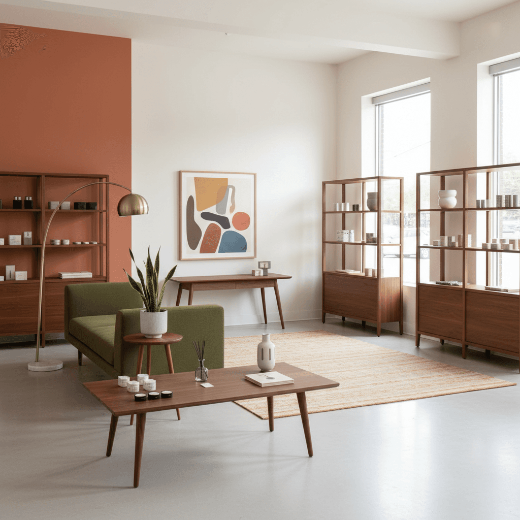 A beautiful Retail Store designed in Contemporary Mid-Century style. Transform this interior space into current mid-century style while maintaining the original room layout, walls, windows, and architectural features. Use walnut or teak, tapered legs and organic lines. Keep a warm palette with mustard, terracotta and olive green. Add a tripod or arc lamp, simple abstract art and textiles with a discreet geometric pattern. Improve comfort with firm cushions and a low pile rug. Avoid too many vintage pieces and prioritize function. The space features carefully selected furniture, harmonious colors, natural lighting, and thoughtfully placed decorative elements that create a welcoming and aesthetically pleasing atmosphere. - Current Mid-Century Retail Store designed with AI by Interiores AI