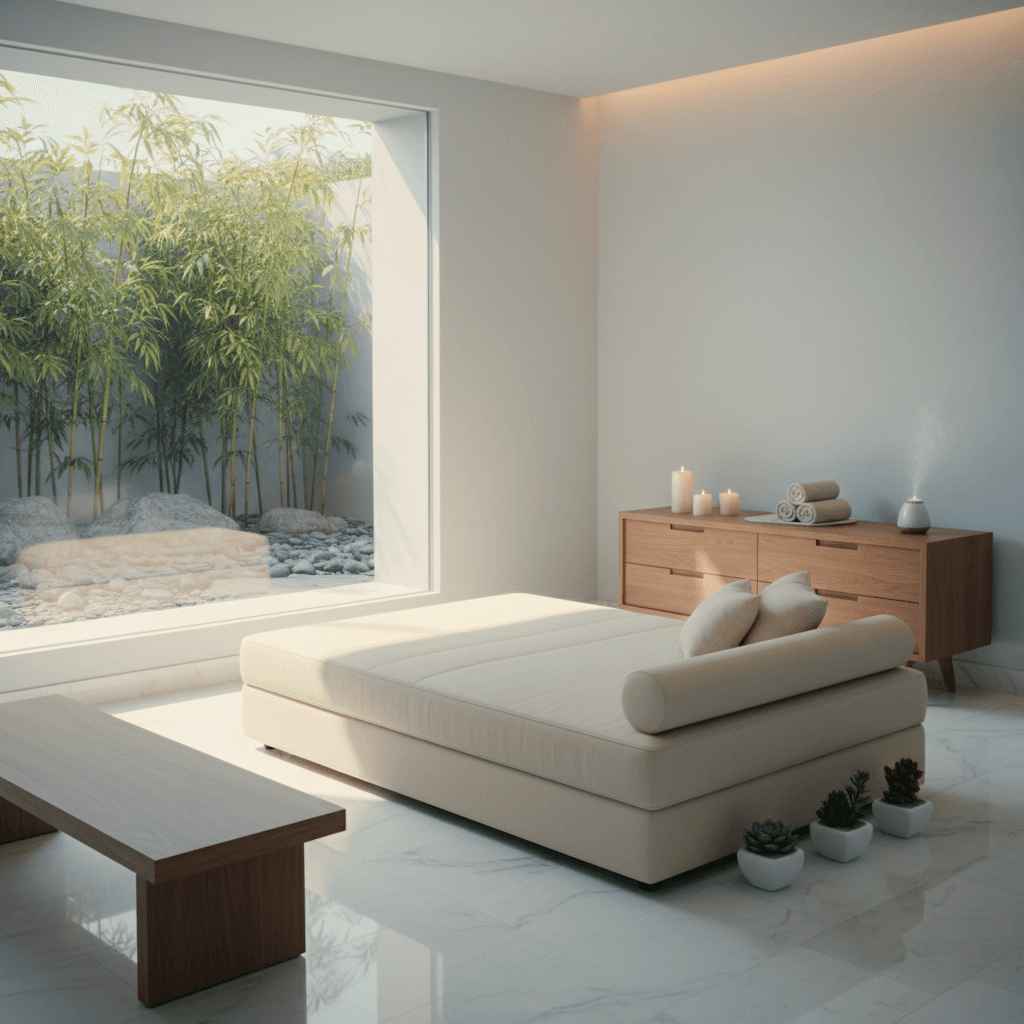Create a serene spa room with a minimalist aesthetic, featuring a calming color palette of soft whites, creams, and pale blues. The space is illuminated by warm, natural light pouring in through a large window, which frames a tranquil garden view. The floor is made of polished white marble, complemented by a sleek, low-profile wooden bench for relaxation. A simple, low-slung wooden dresser in a warm walnut finish houses a few select spa essentials, such as scented candles and plush towels. A plush, cream-colored daybed with a matching headboard invites lounging, surrounded by a few carefully placed, potted succulents. The atmosphere is peaceful and calming, perfect for unwinding and rejuvenation. - Simple Spa / Sauna designed with AI by Interiores AI