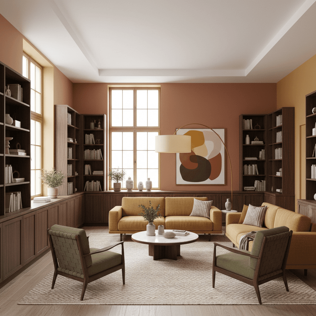 A beautiful Library designed in Contemporary Mid-Century style. Transform this interior space into current mid-century style while maintaining the original room layout, walls, windows, and architectural features. Use walnut or teak, tapered legs and organic lines. Keep a warm palette with mustard, terracotta and olive green. Add a tripod or arc lamp, simple abstract art and textiles with a discreet geometric pattern. Improve comfort with firm cushions and a low pile rug. Avoid too many vintage pieces and prioritize function. The space features carefully selected furniture, harmonious colors, natural lighting, and thoughtfully placed decorative elements that create a welcoming and aesthetically pleasing atmosphere. - Current Mid-Century Library or Reading Room designed with AI by Interiores AI