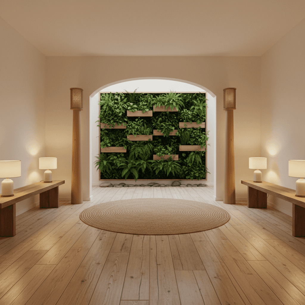 Design a serene entrance in Natural Japandi style, characterized by a minimalist aesthetic, natural materials, and a calming atmosphere. The space features a weathered wooden floor, made from reclaimed Japanese cypress, with a subtle sheen from a light oil finish. Walls are painted a soft, creamy white, allowing the natural beauty of the wooden floor to take center stage. A low, wide entranceway is flanked by two slender, tapered wooden pillars, topped with delicate, woven rattan accents. Soft, warm lighting is provided by a series of table lamps with linen shades, placed on a low, reclaimed wood bench. A statement piece, a living green wall, adds a touch of natural beauty, with lush, low-maintenance plants in shallow, wooden planters. The overall atmosphere is peaceful and inviting, perfect for a serene transition into a home or office. - Natural Japandi Office / Home Office designed with AI by Interiores AI