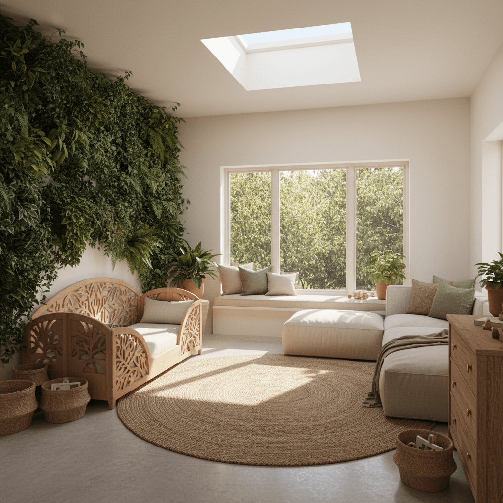 Design a kids' bedroom that seamlessly integrates the outdoors, evoking a sense of wonder and connection to nature. The space features a soft, creamy white color palette with warm beige tones and lush green accents. A living wall, covered in lush ivy and ferns, dominates one wall, bringing the outdoors in. A plush area rug in a natural fiber, such as jute or sisal, adds warmth underfoot. A curved wooden headboard, adorned with a carved wooden leaf pattern, provides a cozy reading nook. Large windows allow for an abundance of natural light, and a skylight above lets in a shaft of sunlight, casting a warm glow over the space. A plush, oversized sectional sofa in a natural fabric, such as linen or cotton, is placed in front of a floor-to-ceiling window, providing a comfortable spot to sit and observe the natural world. The room is filled with natural textures, such as woven baskets and a reclaimed wood dresser, and features a few - Biophilic Master Bedroom designed with AI by Interiores AI