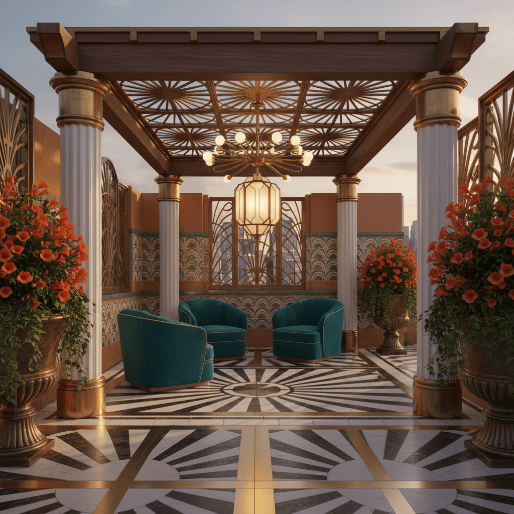 Design a luxurious Art Deco-style terrace with a geometric patterned floor, set against a backdrop of rich terracotta walls and ornate bronze accents. The space features a majestic wooden pergola adorned with glossy white pillars and a geometric metal ceiling. Oversized armchairs upholstered in vibrant turquoise velvet are placed under a sculptural metal lantern, illuminated by a warm brass chandelier. The surrounding walls are adorned with geometric-patterned tiles in shades of terracotta, turquoise, and cream, complemented by lush greenery and vibrant orange flowers spilling from ornate planters. - Art Deco Terrace designed with AI by Interiores AI
