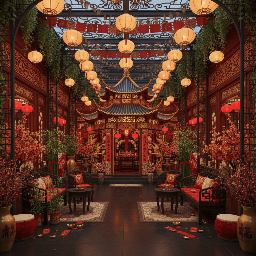 Create a vibrant and festive Covered Outdoor Gallery with a traditional Chinese New Year theme. The space is surrounded by ornate ironwork and features a majestic 12-tiered pagoda entrance, adorned with intricate carvings and red lanterns. The exterior walls are painted a deep crimson hue, with golden accents and auspicious couplets. Inside, the gallery is filled with an abundance of lush greenery, including potted bamboo, flowering cherry blossoms, and draping ivy, all in shades of red, gold, and orange. Traditional Chinese motifs, such as plum blossoms and dragons, are incorporated into the furnishings, including intricately carved wooden chairs and banquettes. Soft, warm lighting, reminiscent of traditional Chinese paper lanterns, casts a cozy glow throughout the space, while vibrant red and gold accents add to the festive atmosphere. - Chinese New Year Gallery designed with AI by Interiores AI