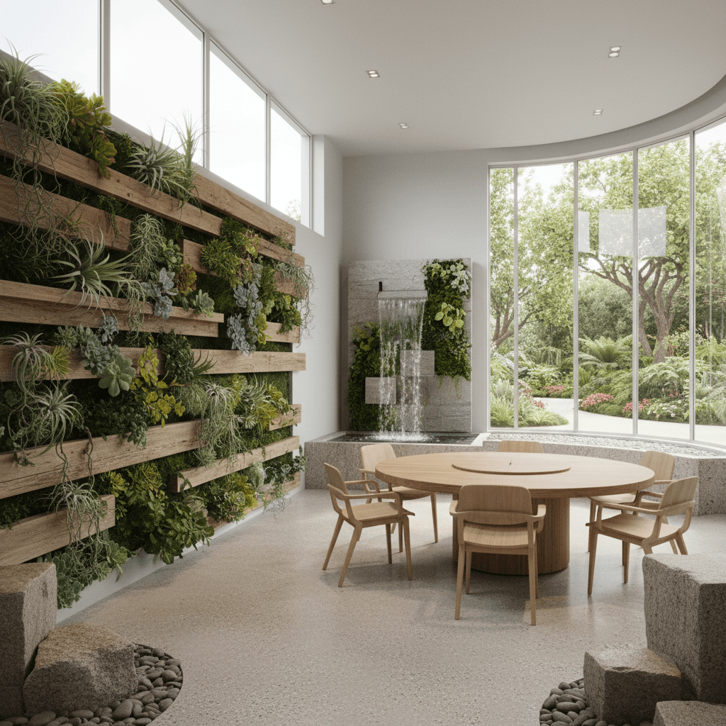 Design a Corporate Office in Biophilic style, featuring a calming and natural atmosphere. The space includes a large, living green wall with a variety of succulents and air plants, surrounded by reclaimed wood accents and plenty of natural light. The floor is made of polished concrete with a subtle texture, and the walls are painted a soothing light gray color. Comfortable, ergonomic furniture in a muted wood tone is arranged around a central, circular meeting area with a floor-to-ceiling window offering a view of a lush outdoor garden. The space is finished with natural stone accents and a statement piece, a large, water feature that incorporates a small waterfall and a living wall, creating a sense of serenity and connection to nature. The overall aesthetic is one of organic sophistication, blending seamlessly into the surrounding landscape. - Biophilic Corporate Office designed with AI by Interiores AI