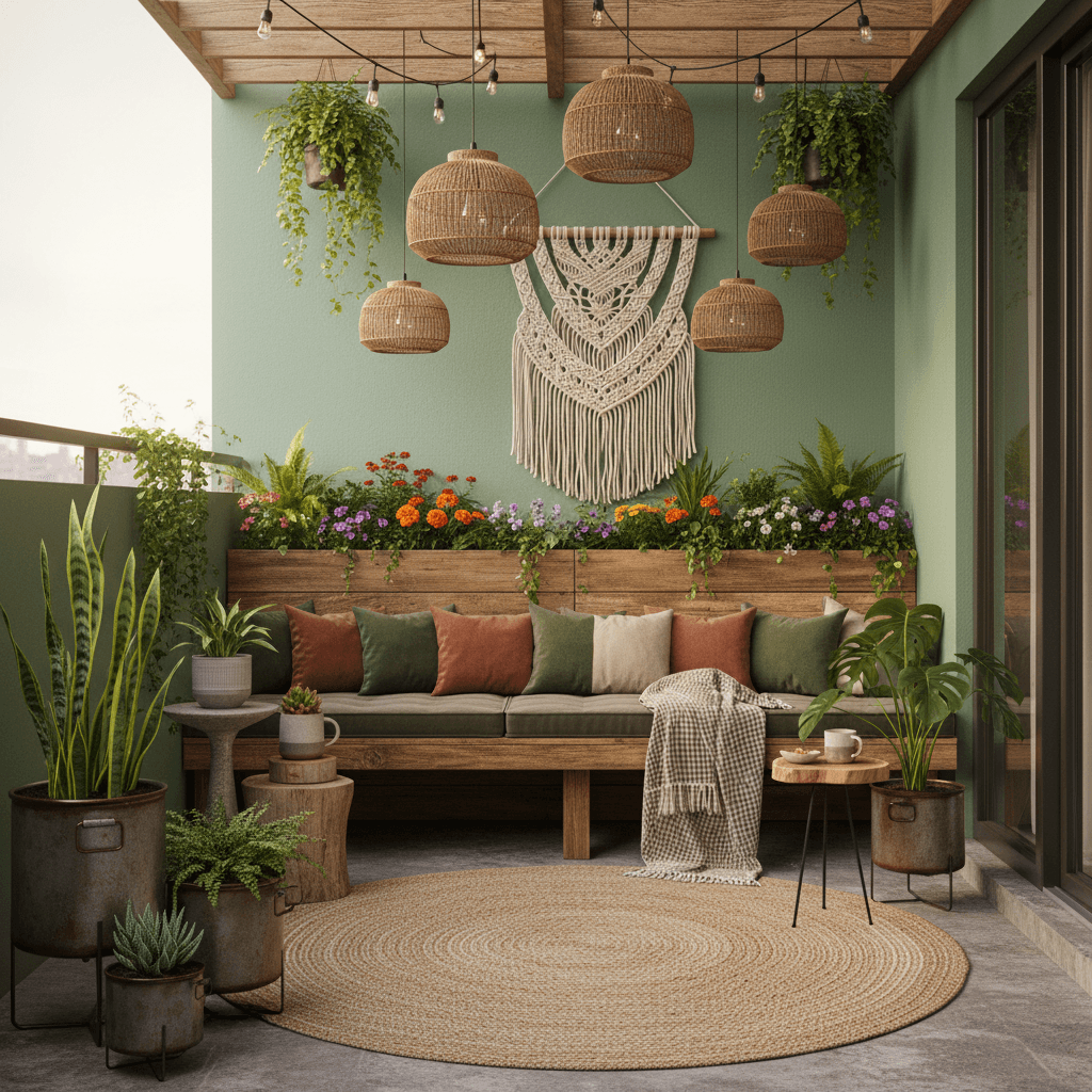 Create a cozy, natural haven on a mid-sized balcony in a Balanced Eclectic style, characterized by a mix of organic and industrial elements. The space is bathed in warm, soft light filtering through a series of woven rattan pendant lights suspended from a reclaimed wood trellis. The walls are painted a soothing sage green (Sherwin-Williams' "Rainwashed"), and the floor is made of weathered concrete with a natural fiber rug in a warm beige tone. A reclaimed wood bench with plush, earthy-toned cushions is nestled against a wooden planter box overflowing with lush greenery and vibrant flowers. Industrial-style metal planters in a distressed bronze finish add a touch of urban edge, while a statement piece of macrame wall art in natural fibers completes the eclectic feel. - Balanced Eclectic Balcony designed with AI by Interiores AI